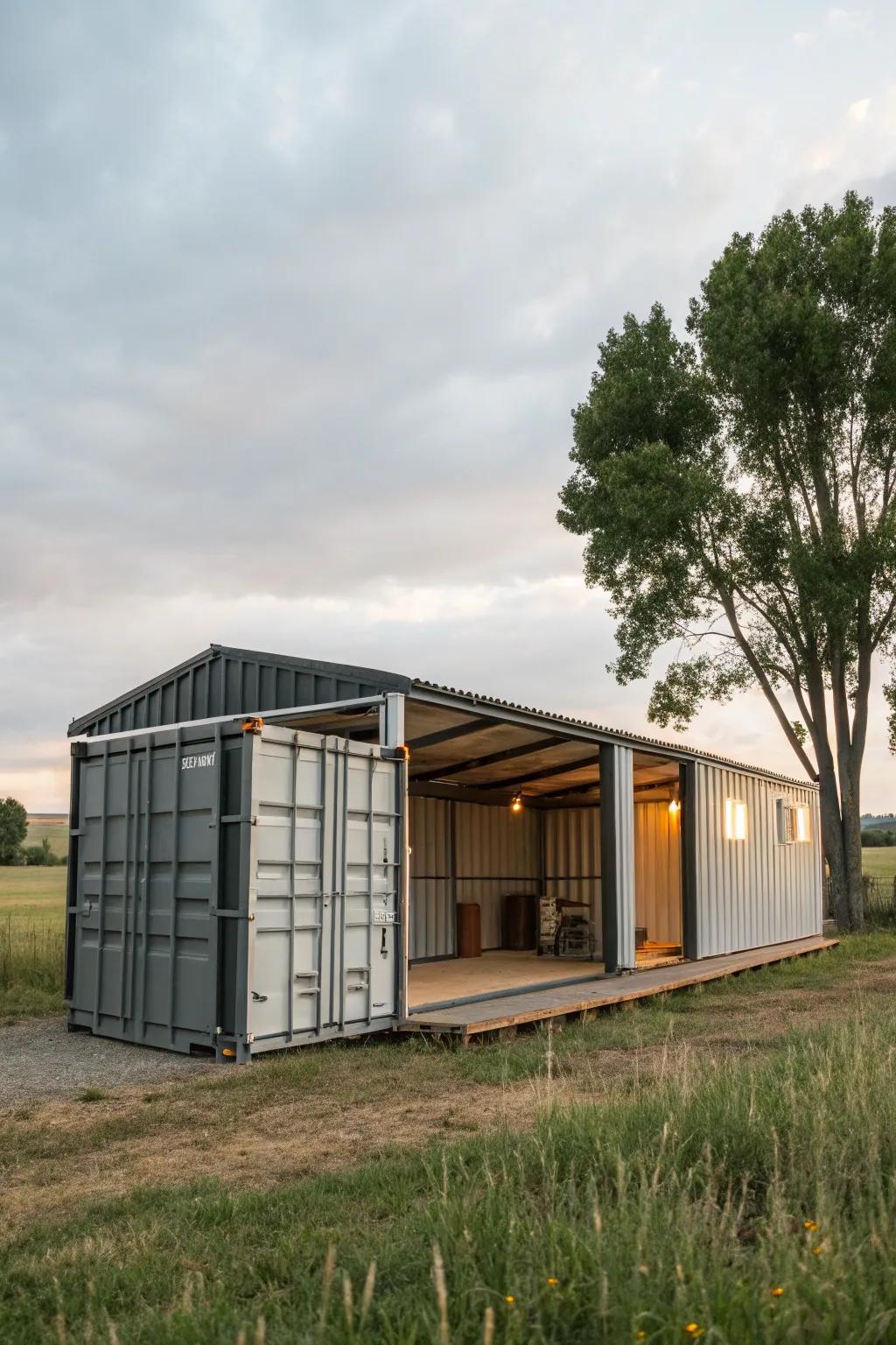A metal box barn made to be bigger in the future.