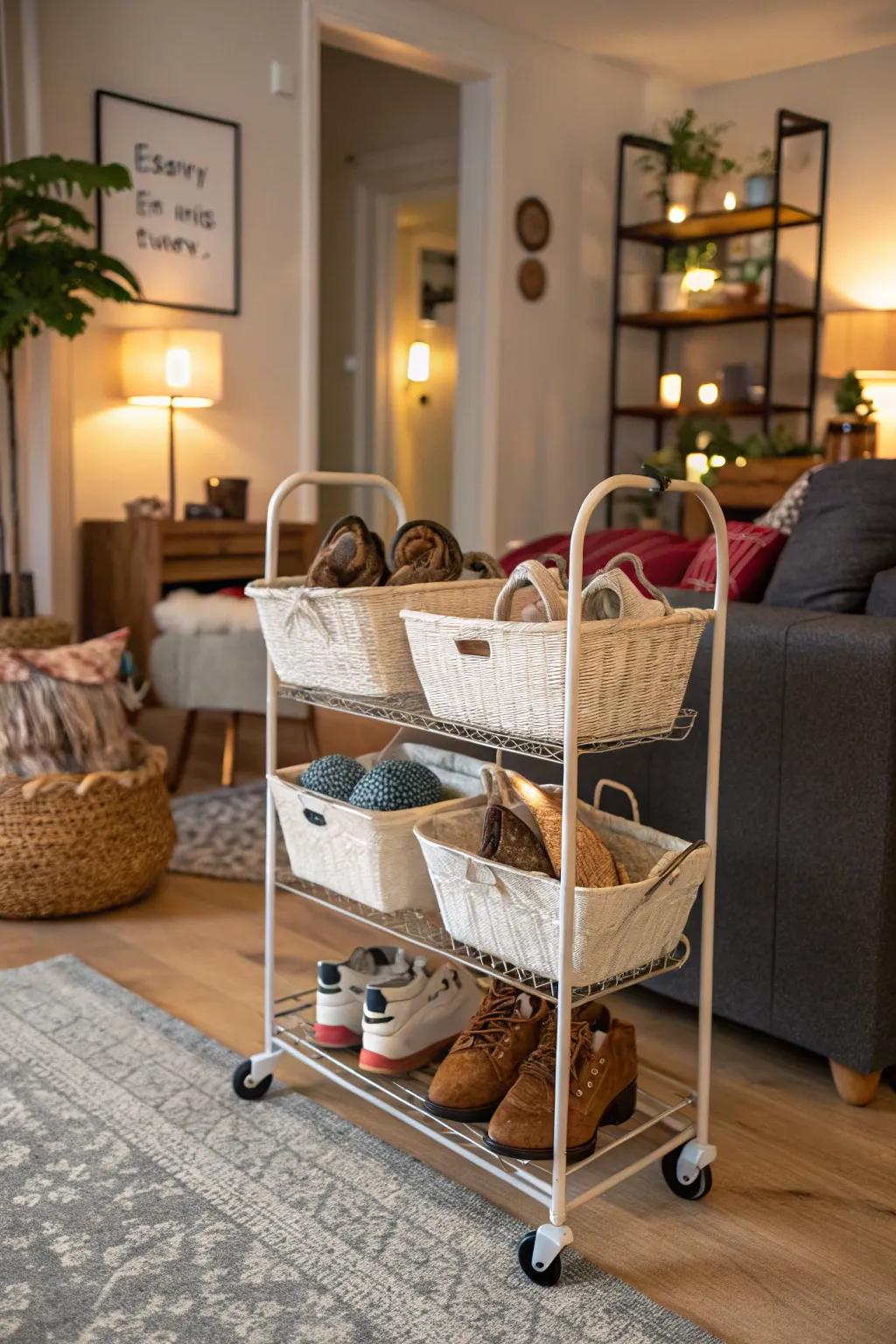 A rolling basket cart offers adaptable and mobile shoe storage.