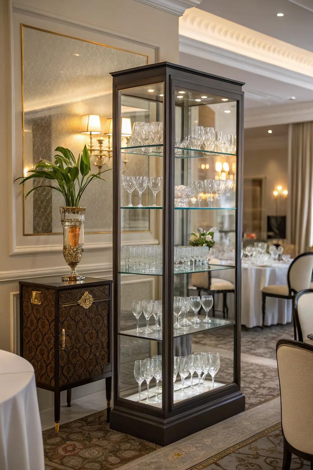 An elegant dining sector features a glass enclosure showcasing an assemblage of glasses.