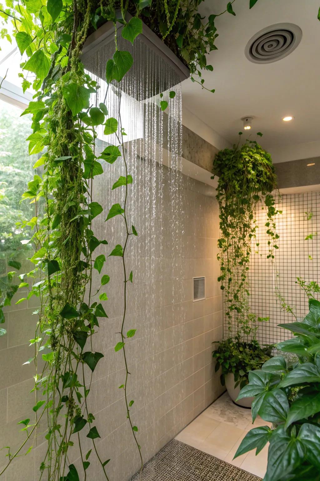 Hanging plants introduce a refreshing natural element.