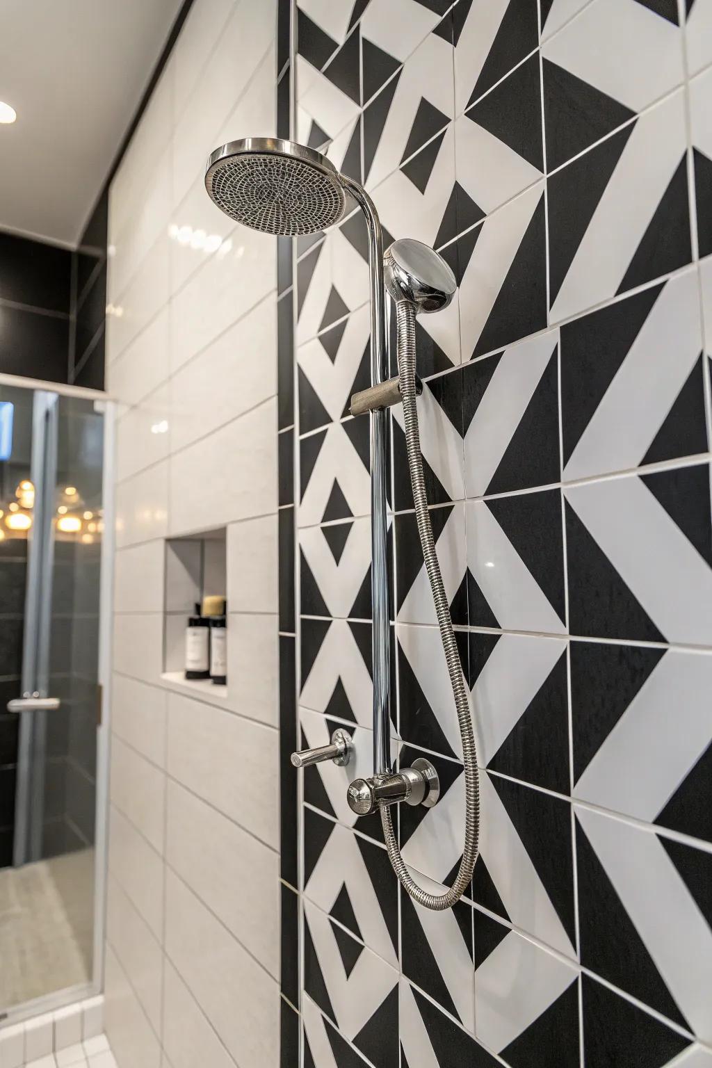 A shower using strong monochrome tile variances.