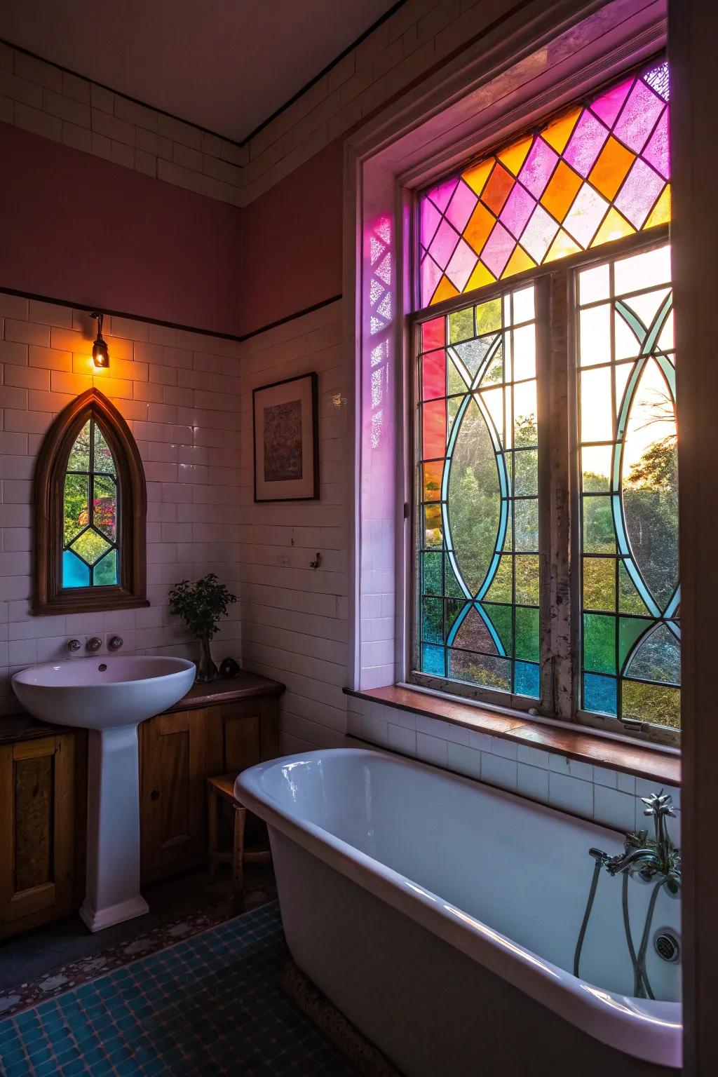 Stained glass injects vibrant artistry into your shower lighting.
