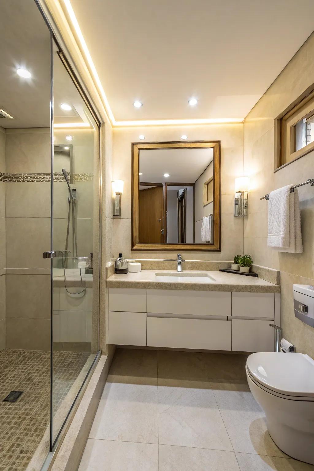 Glasses amplify radiance and area, ideal for compact bathrooms.