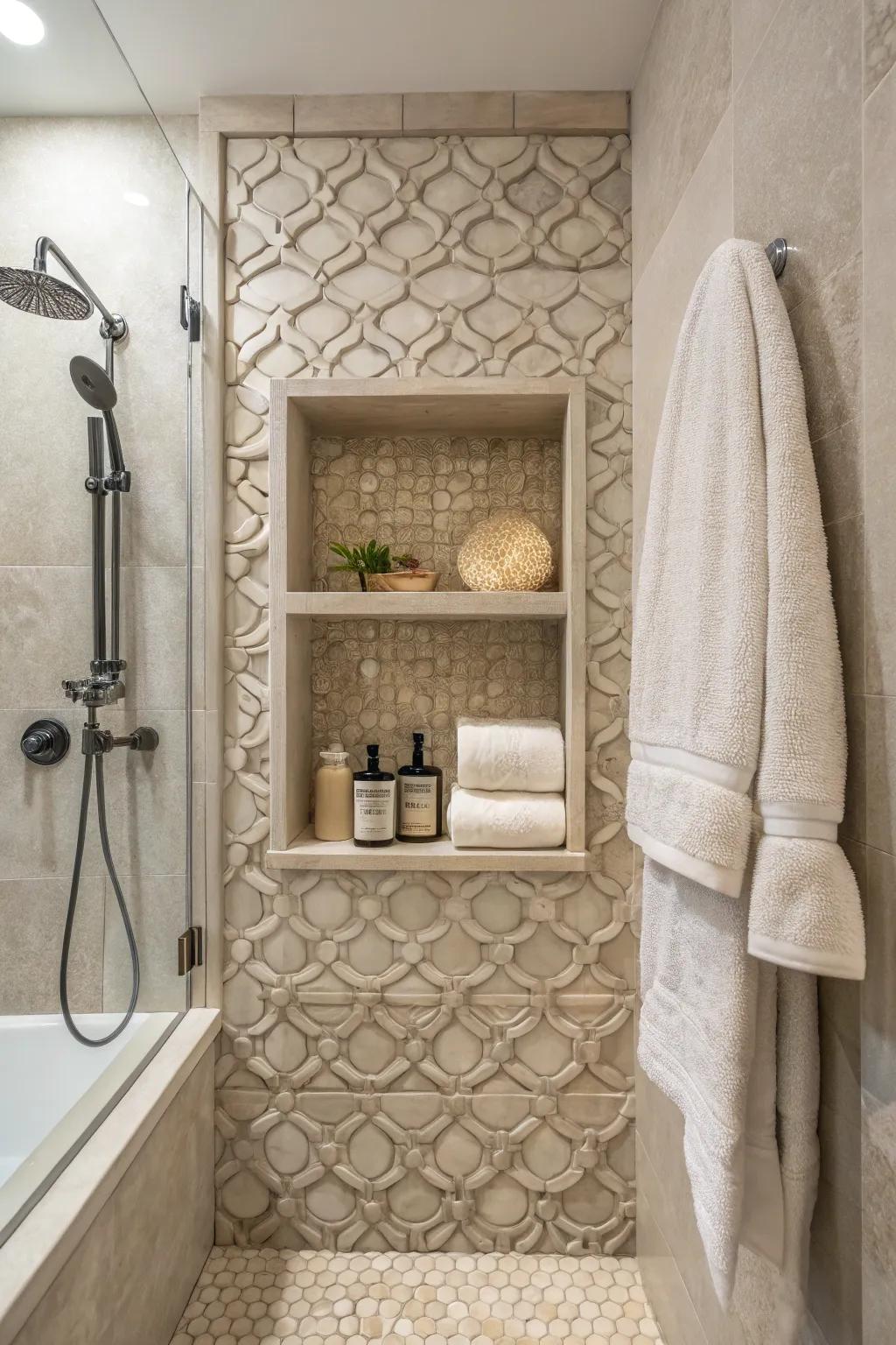 Textured coverings add depth and intrigue to a shower recess