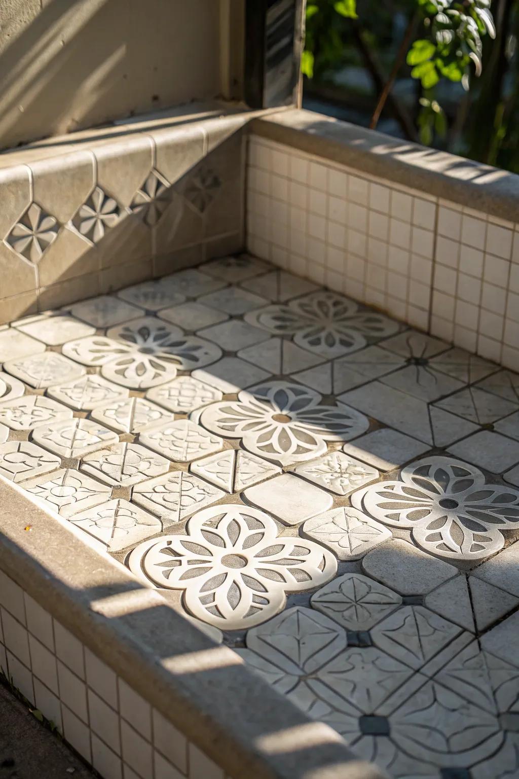 Triple-layered tiles on this shower base add depth and create captivating light and shadow effects.