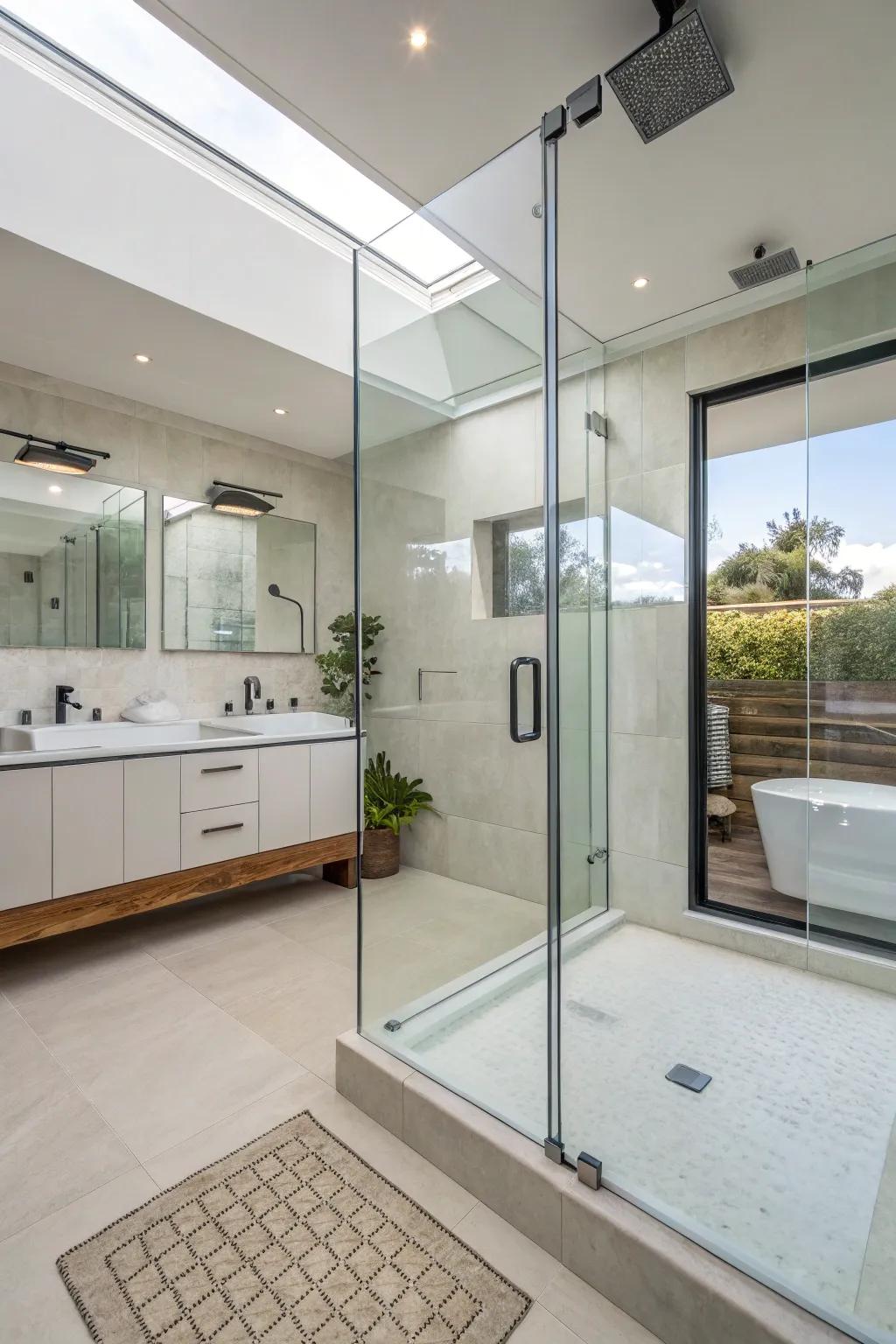 A seamless and modern shower space with frameless glass screens.