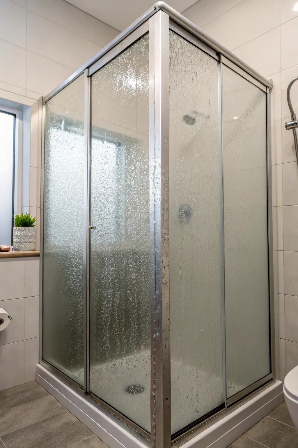 A sophisticated shower stall featuring a colored glass window.