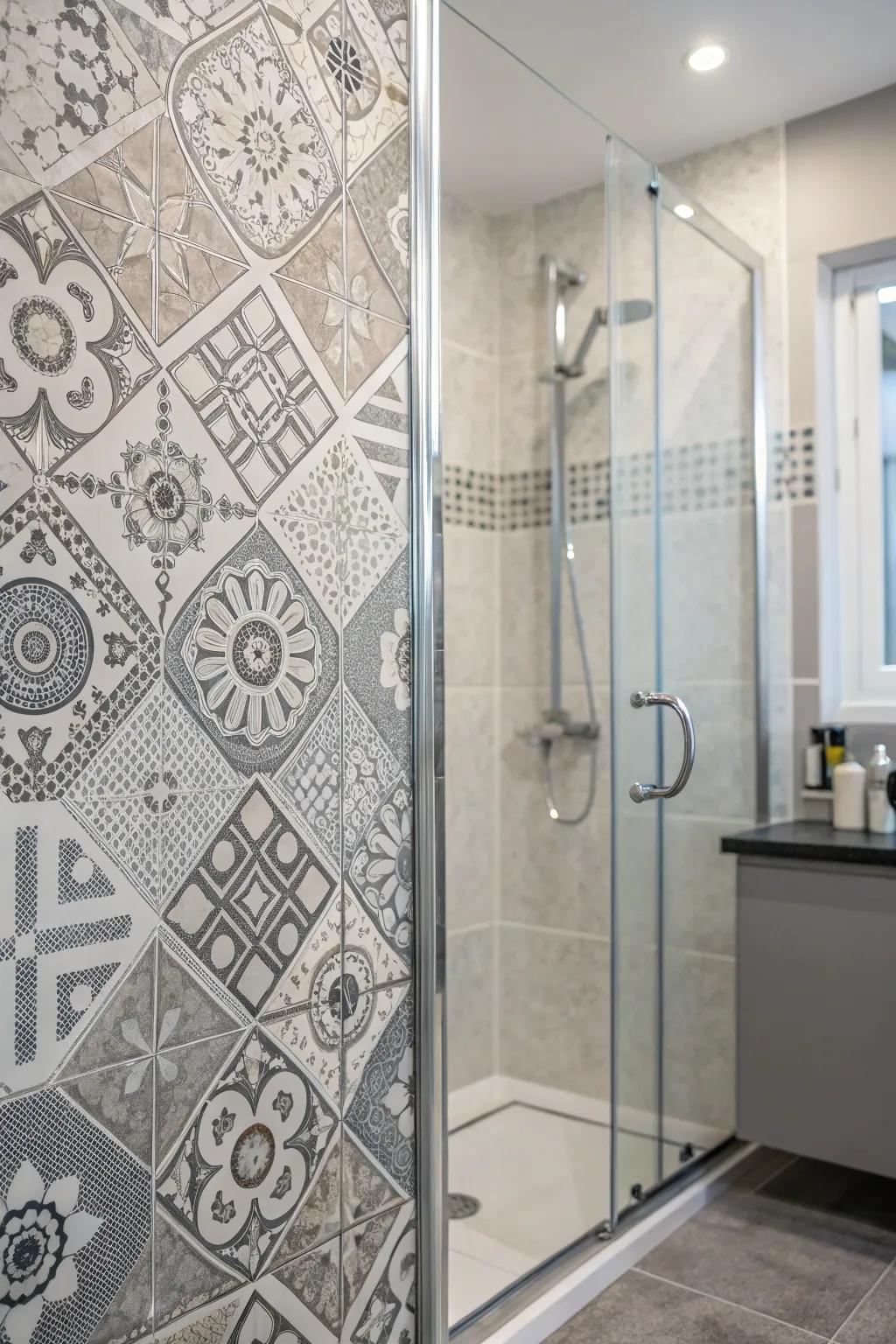 A striking highlight partition showcasing patterned grey tiles.