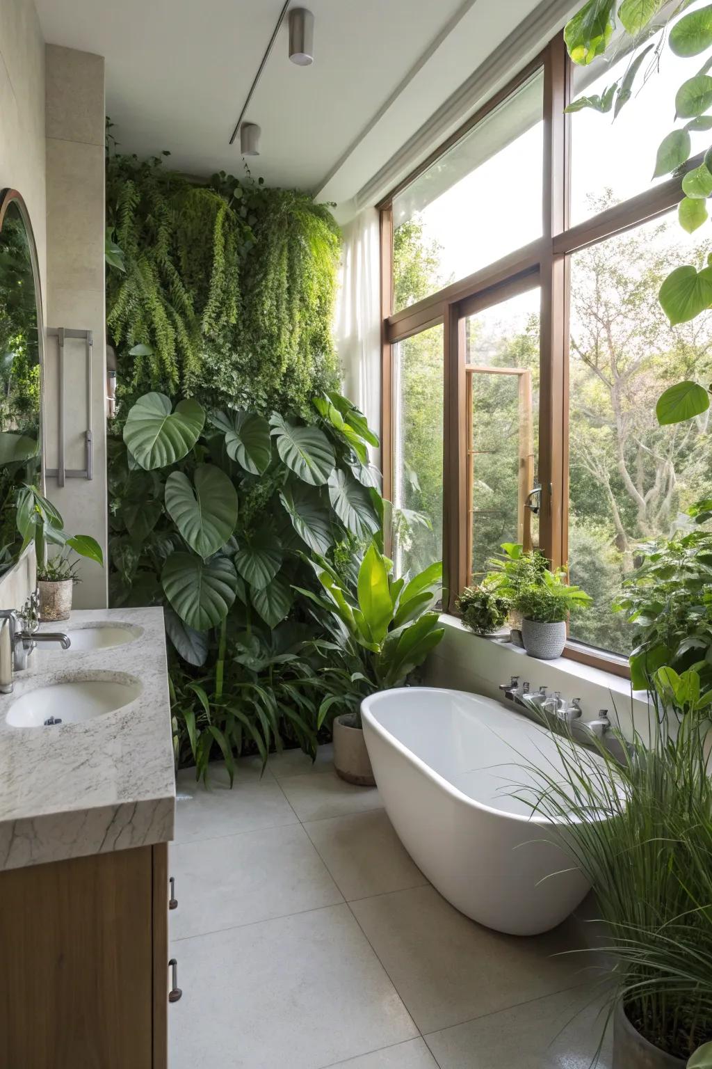 Nature intertwines with design in this refreshing bathroom area.