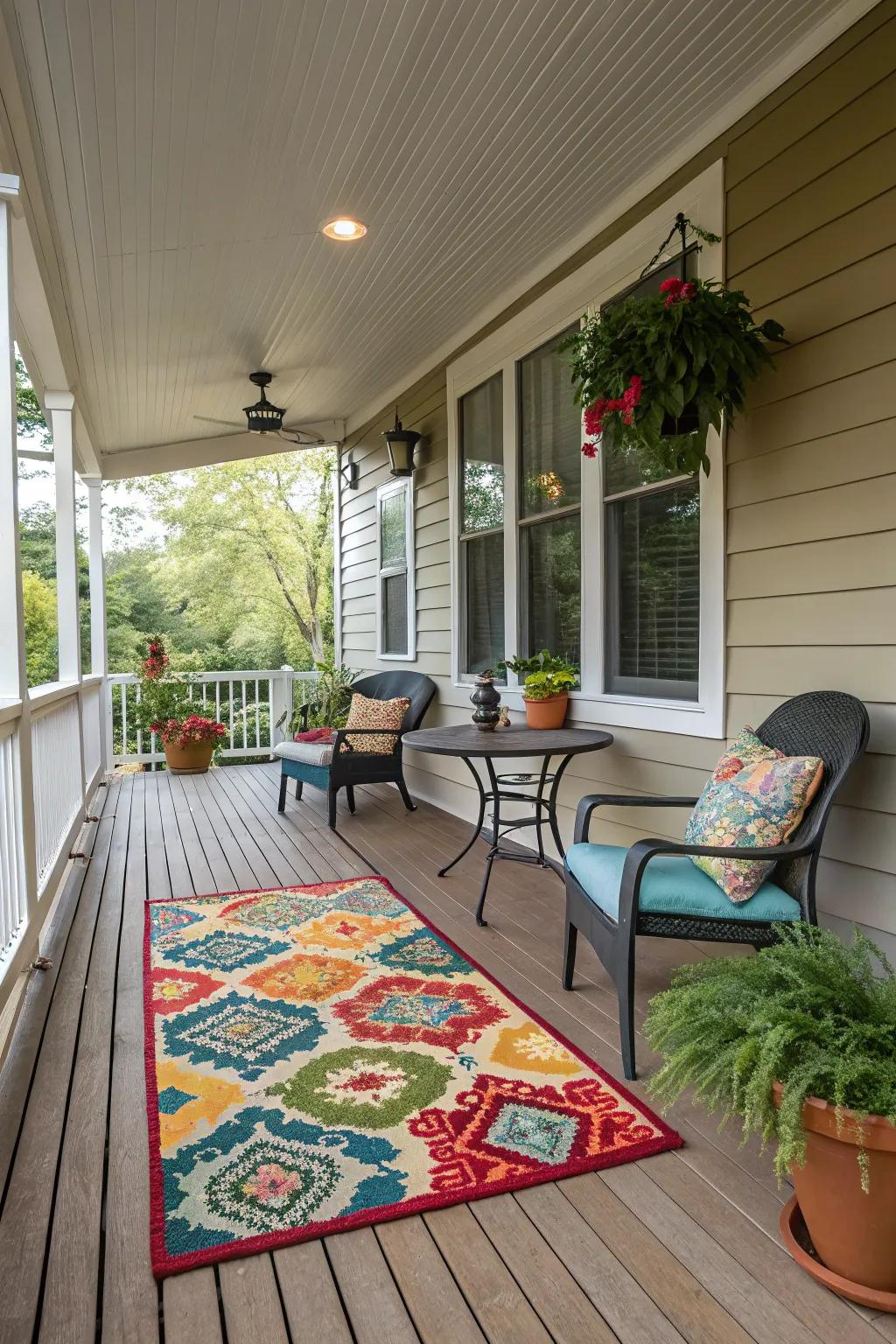 A vibrant outdoor rug enhances the comfort of the side porch.