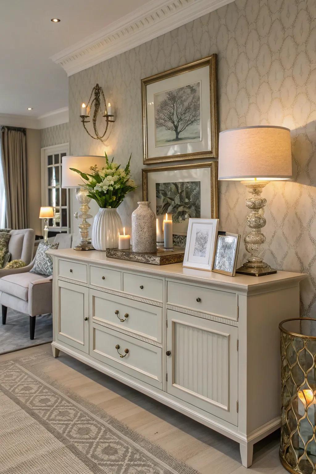 A unified color palette on a credenza ties the décor together beautifully.
