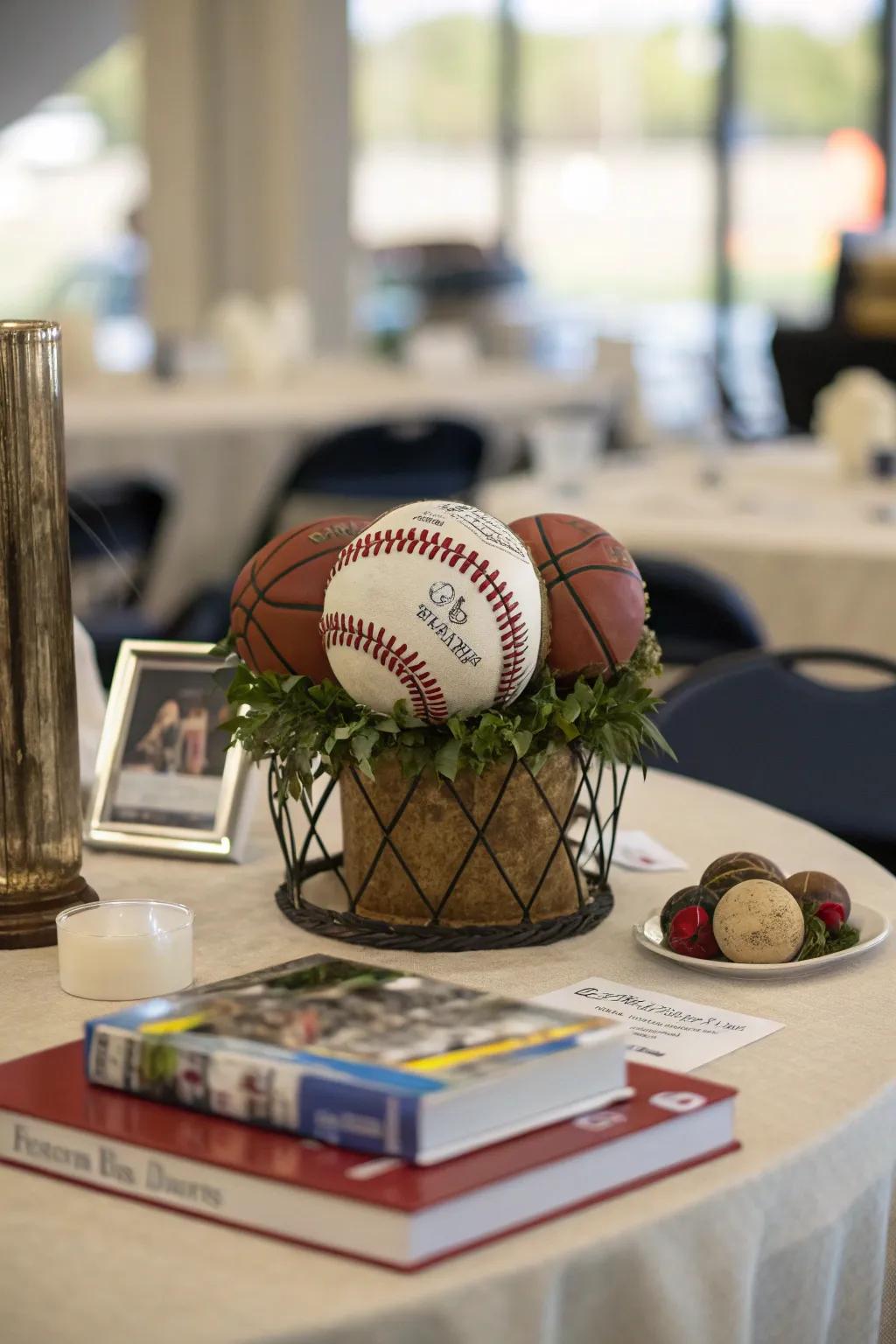 A themed centerpiece imparts creativity and focus to the table setting.