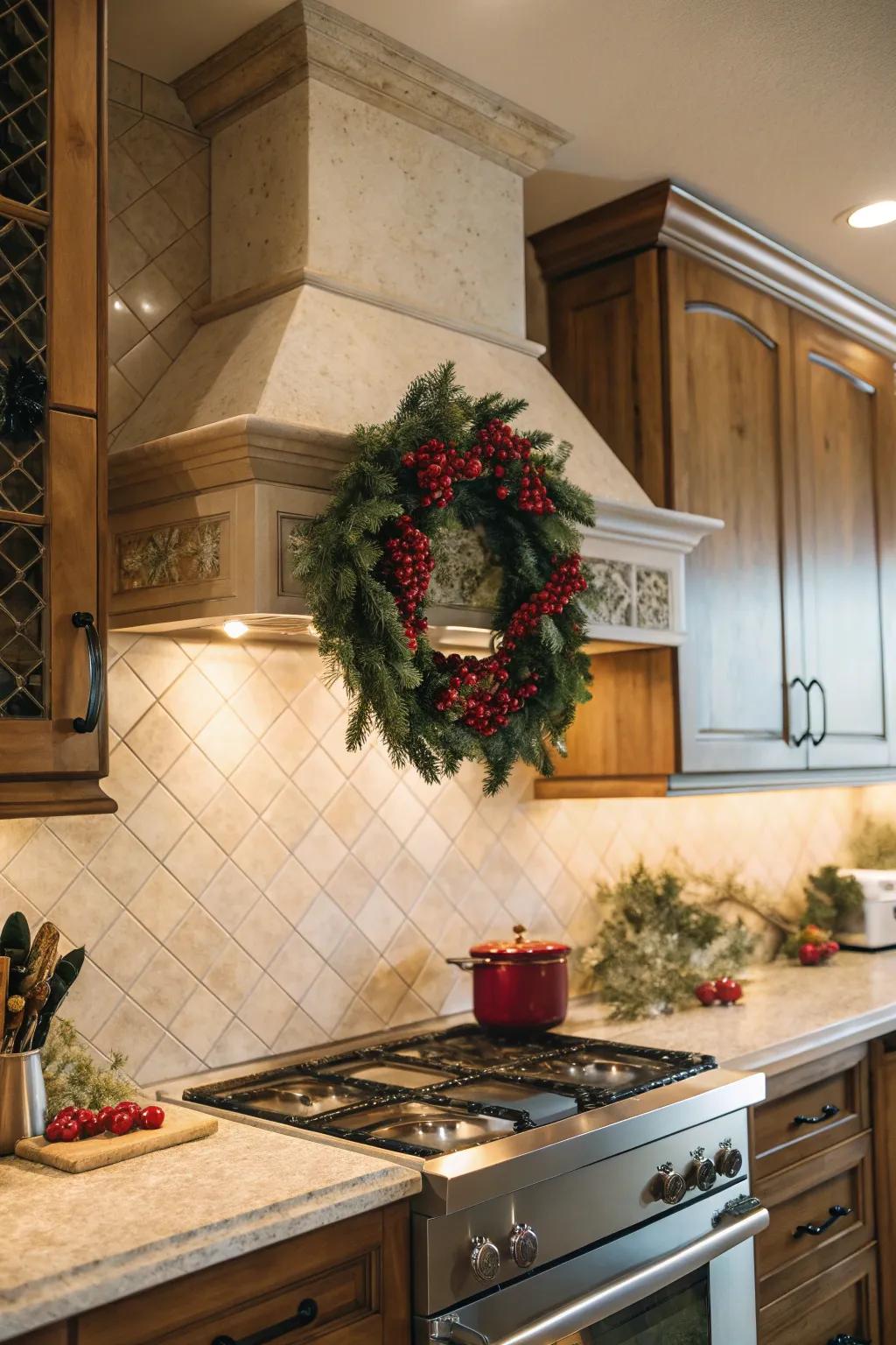 A festive loop on the range hood contributes elegance.