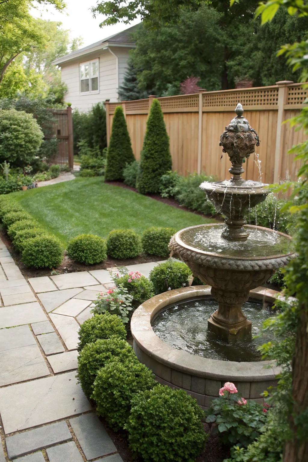 A water element brings soothing sounds and a touch of elegance to the side yard.
