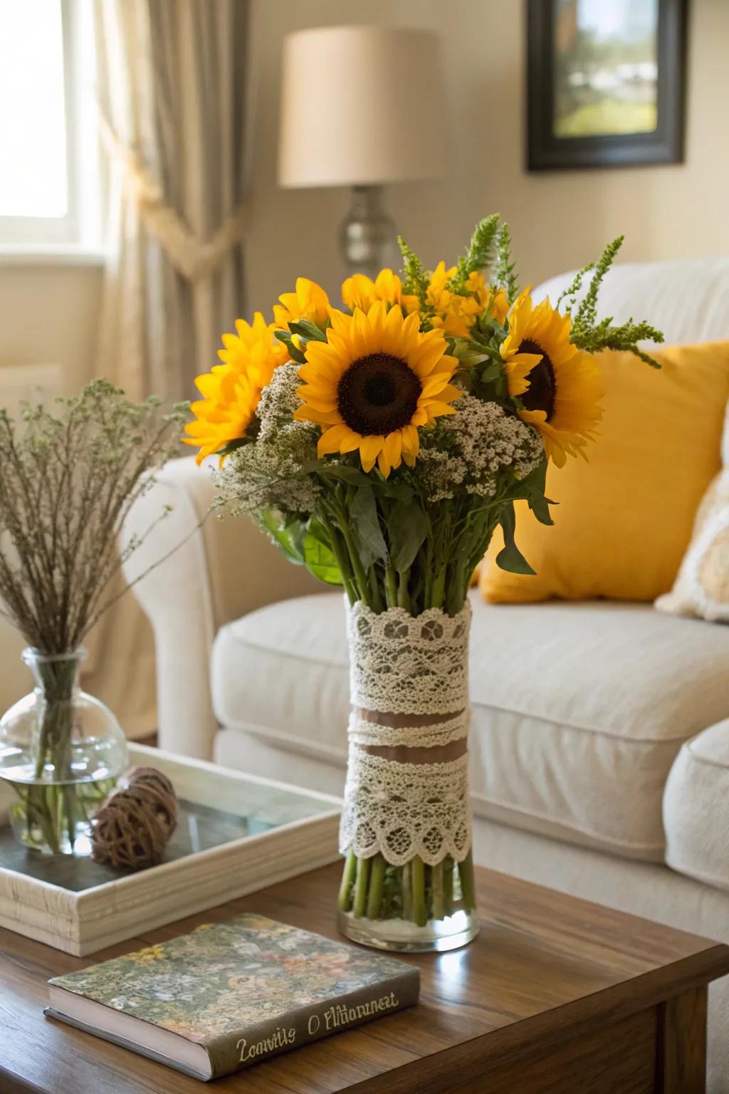 Dainty fabric adds a graceful flair to a traditional sunflower layout.