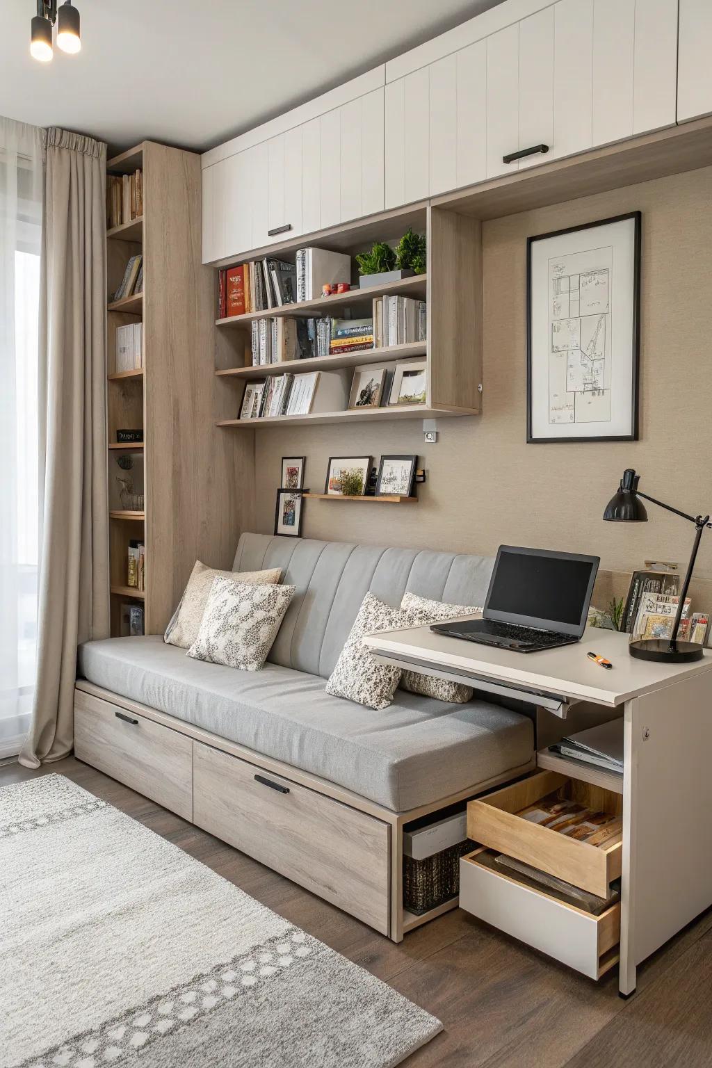 A tidy room utilizing smart storage ideas.