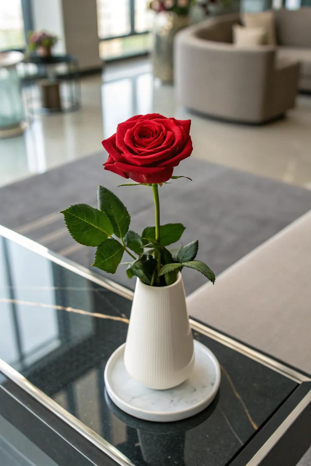 A ceramic holder introduces sophistication to an individual rose.