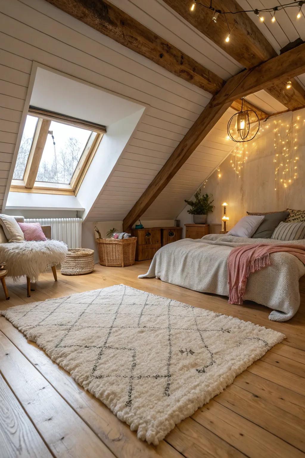 A plush rug adds warmth and texture to this attic bedroom.