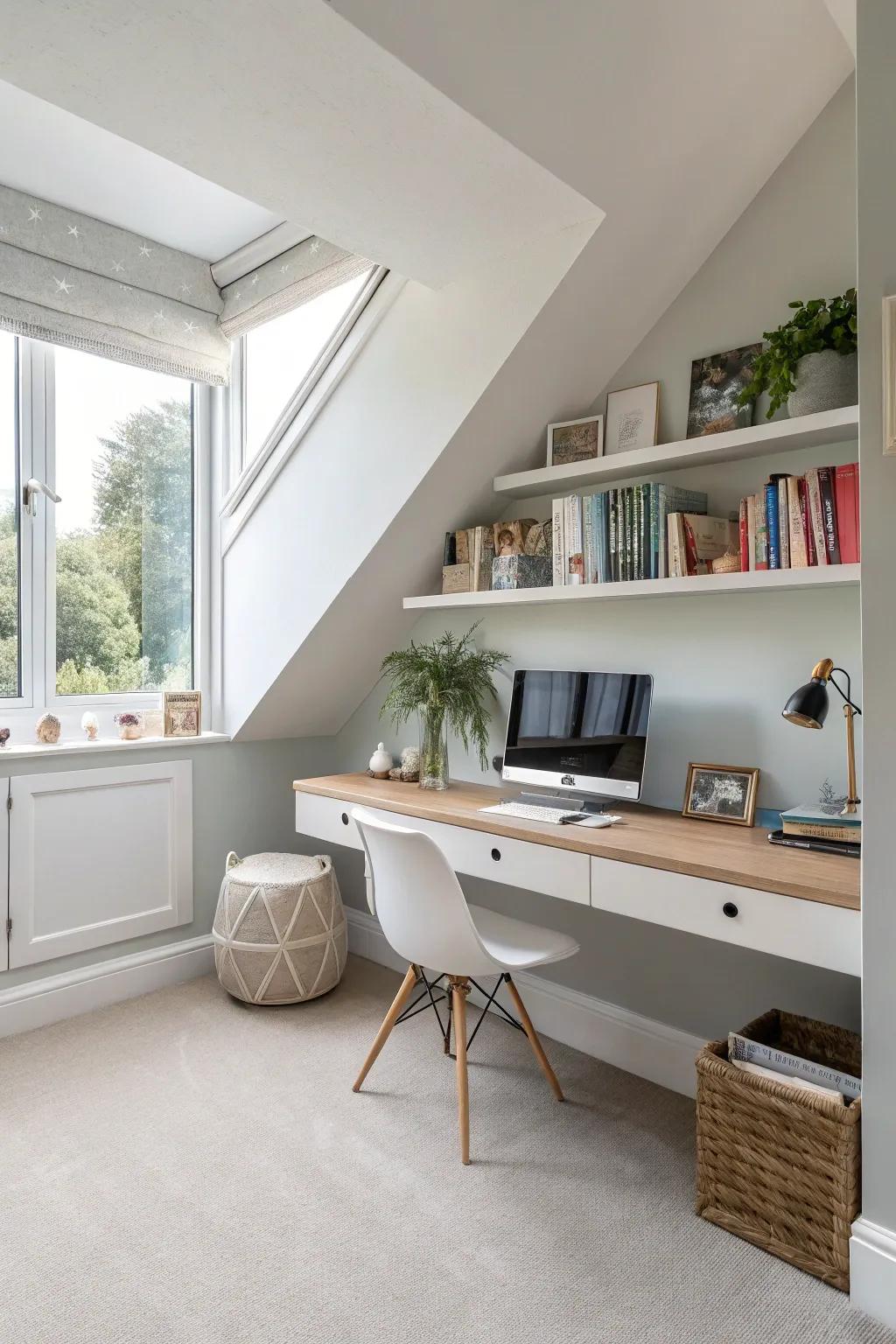 Floating desks create efficient workspaces in small areas.