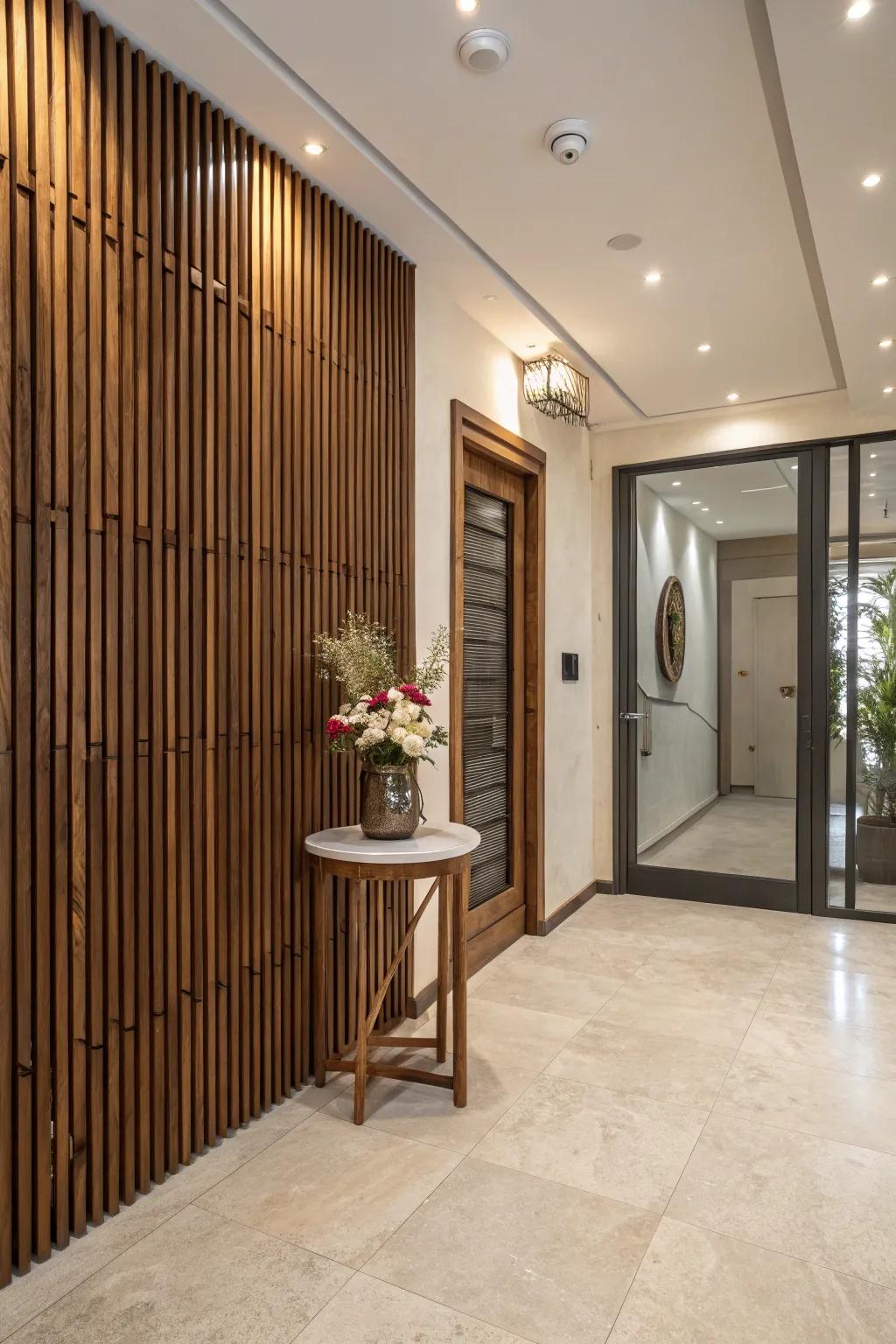 An entryway showcases a streamlined wood-look plank wall that creates a fantastic initial impression.