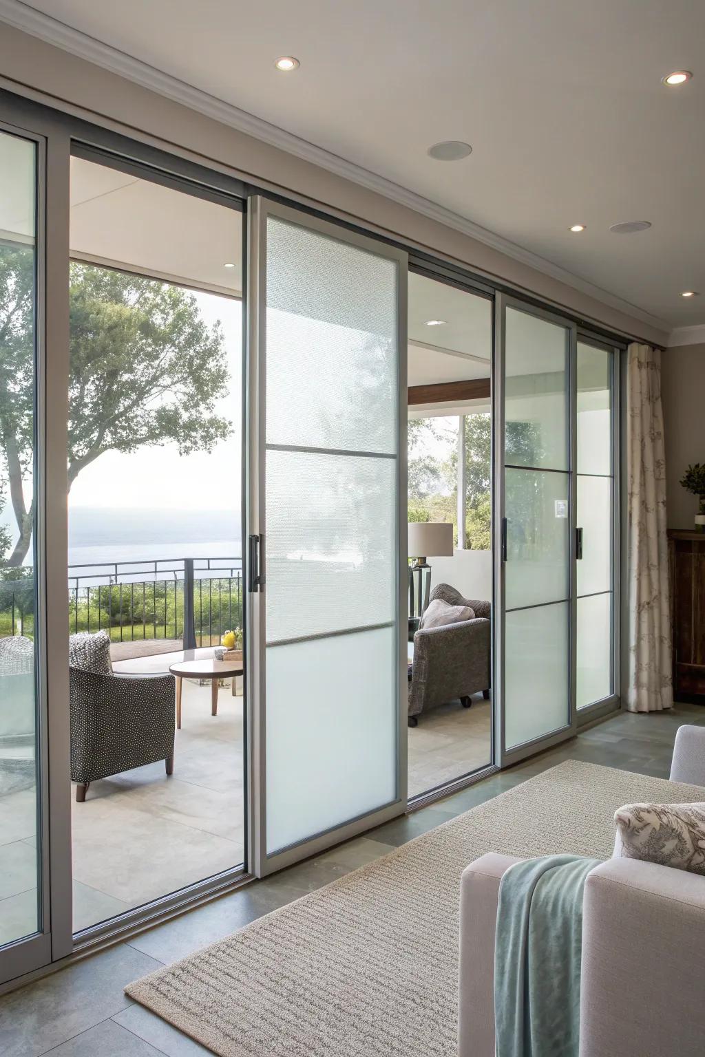 Acid-etched glass wrap offers privacy while keeping a bright feel.