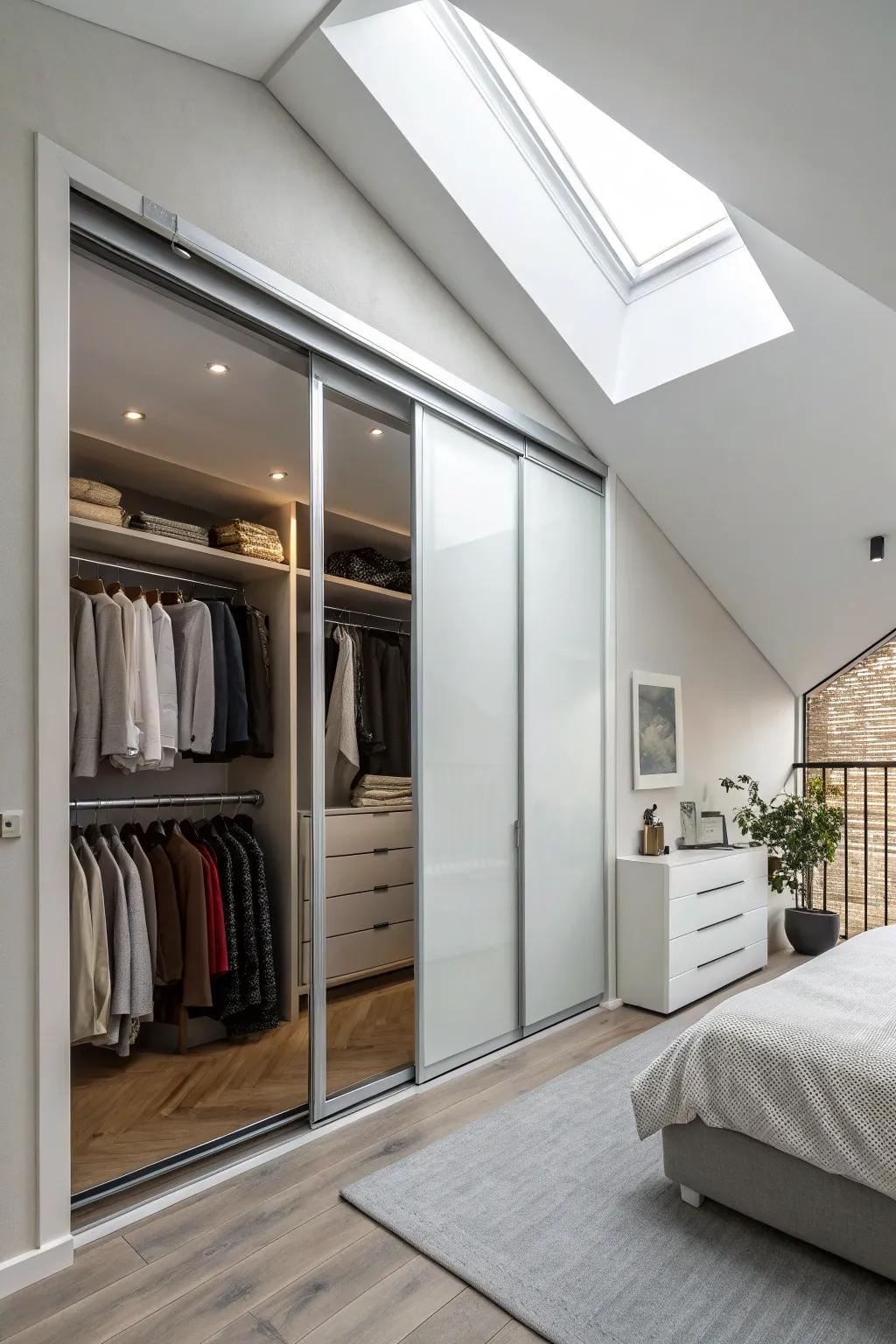 Sliding doors are an ideal space-saving option for closets with sloped ceilings.
