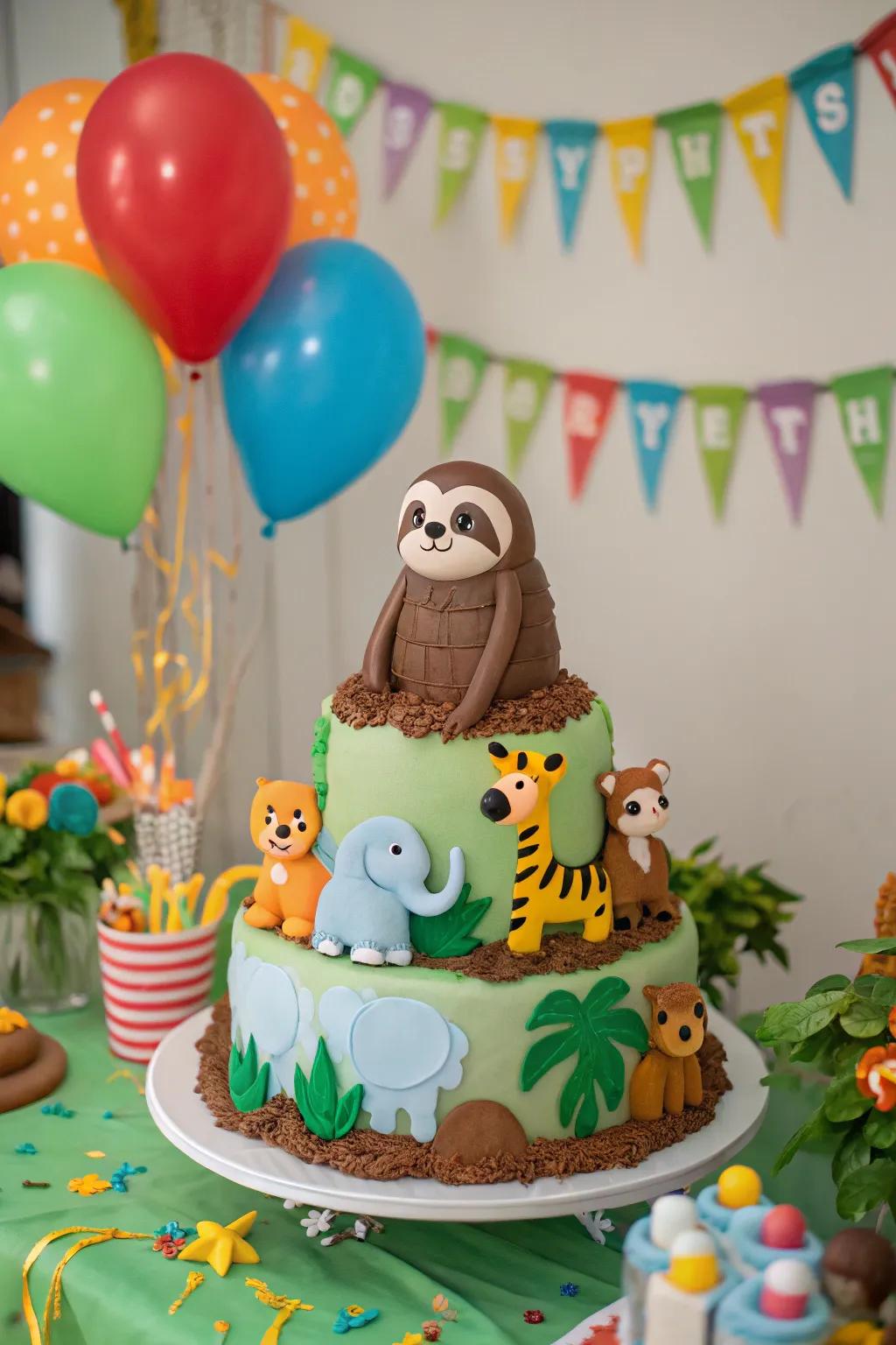 Forest friends make this sloth cake a social centerpiece.