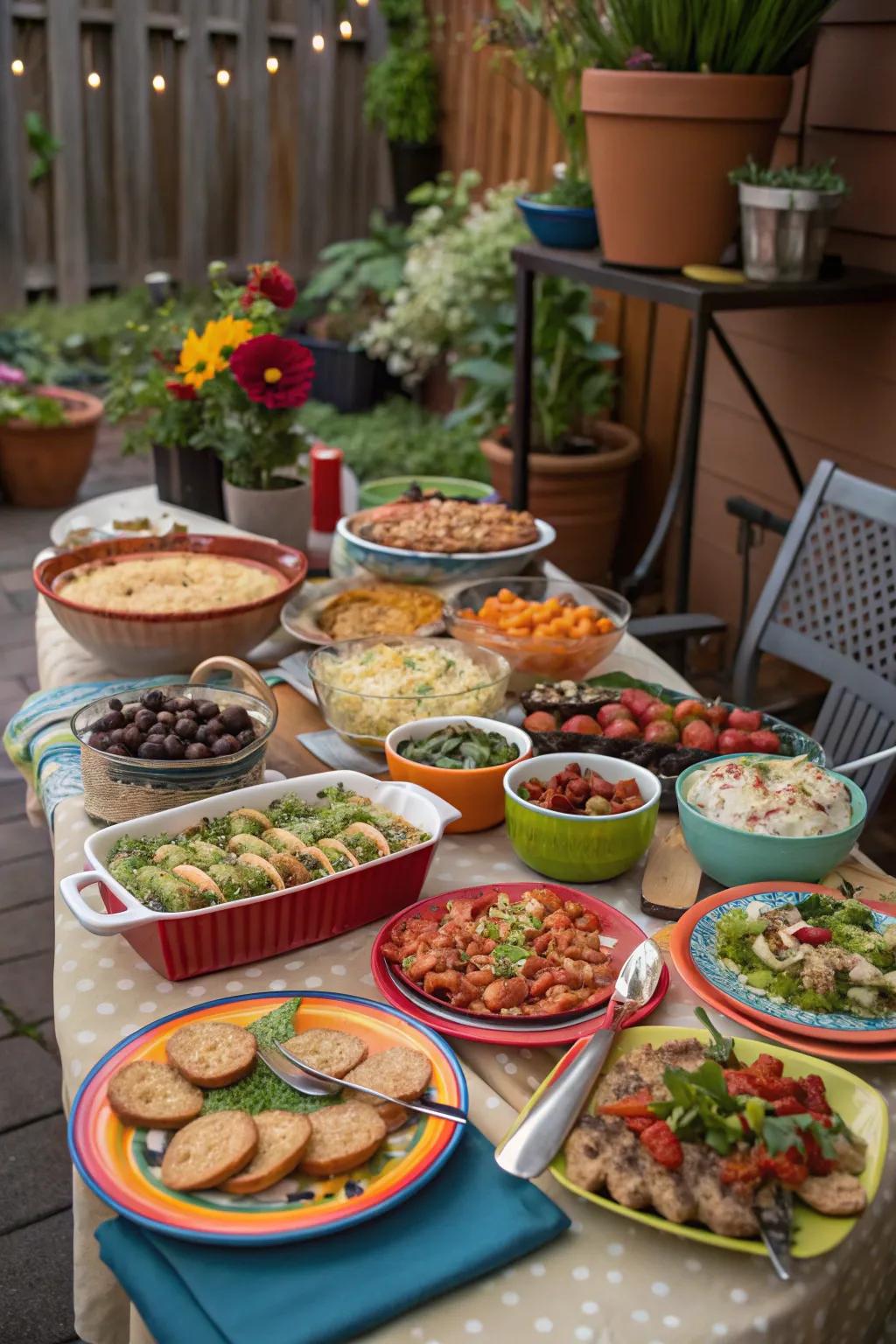 A diverse potluck arrangement featuring homemade dishes