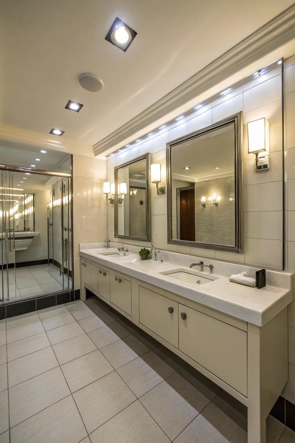 Floor-to-ceiling mirrors make a small bathroom feel bigger.