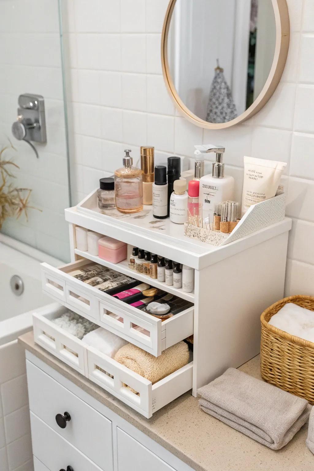 Useful organizers that ensure a tidy and efficient small bathroom vanity.