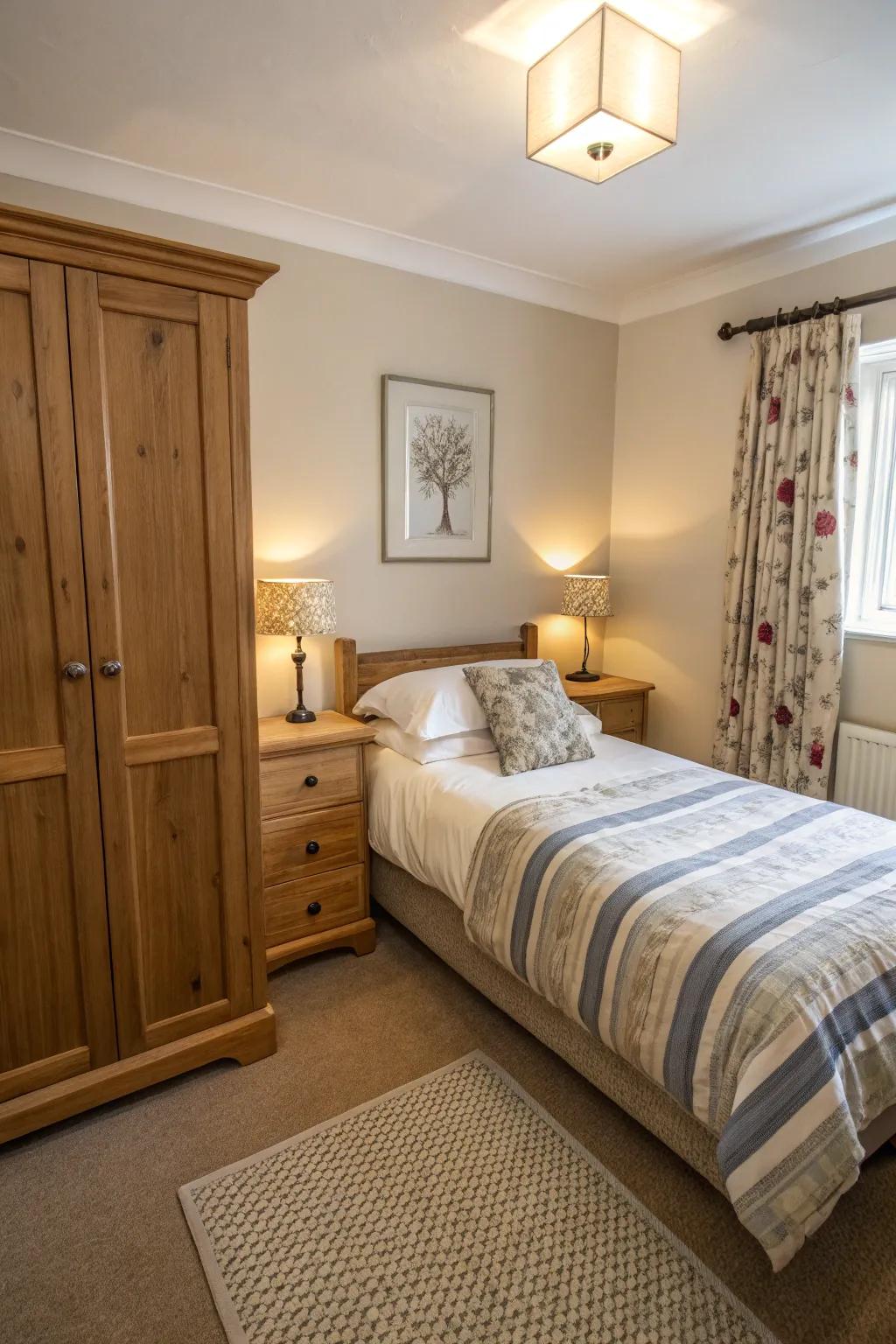 A small bedroom showcasing furniture that is the right size for a balanced look.