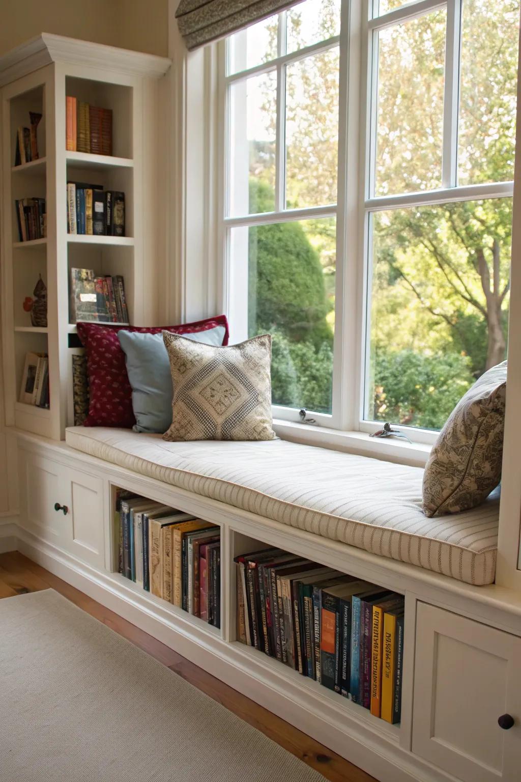 Window-adjacent seating coupled with shelving furnishes both comfort and stylistic charm.