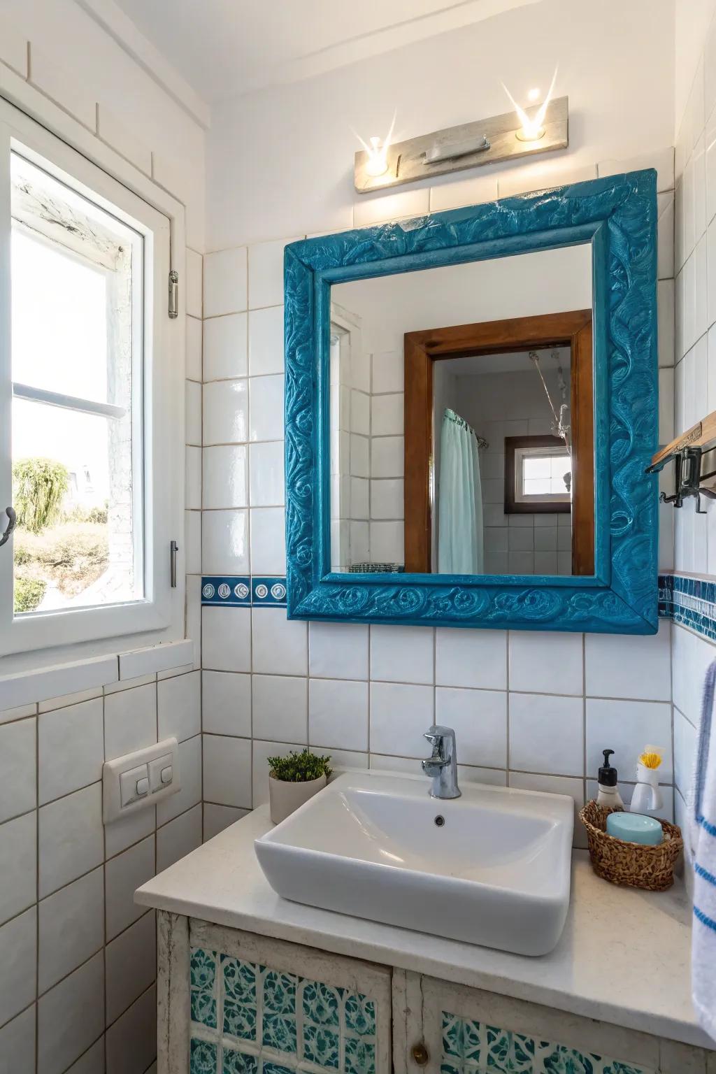 A blue looking glass with a unique frame adds personality and style to the bathroom.