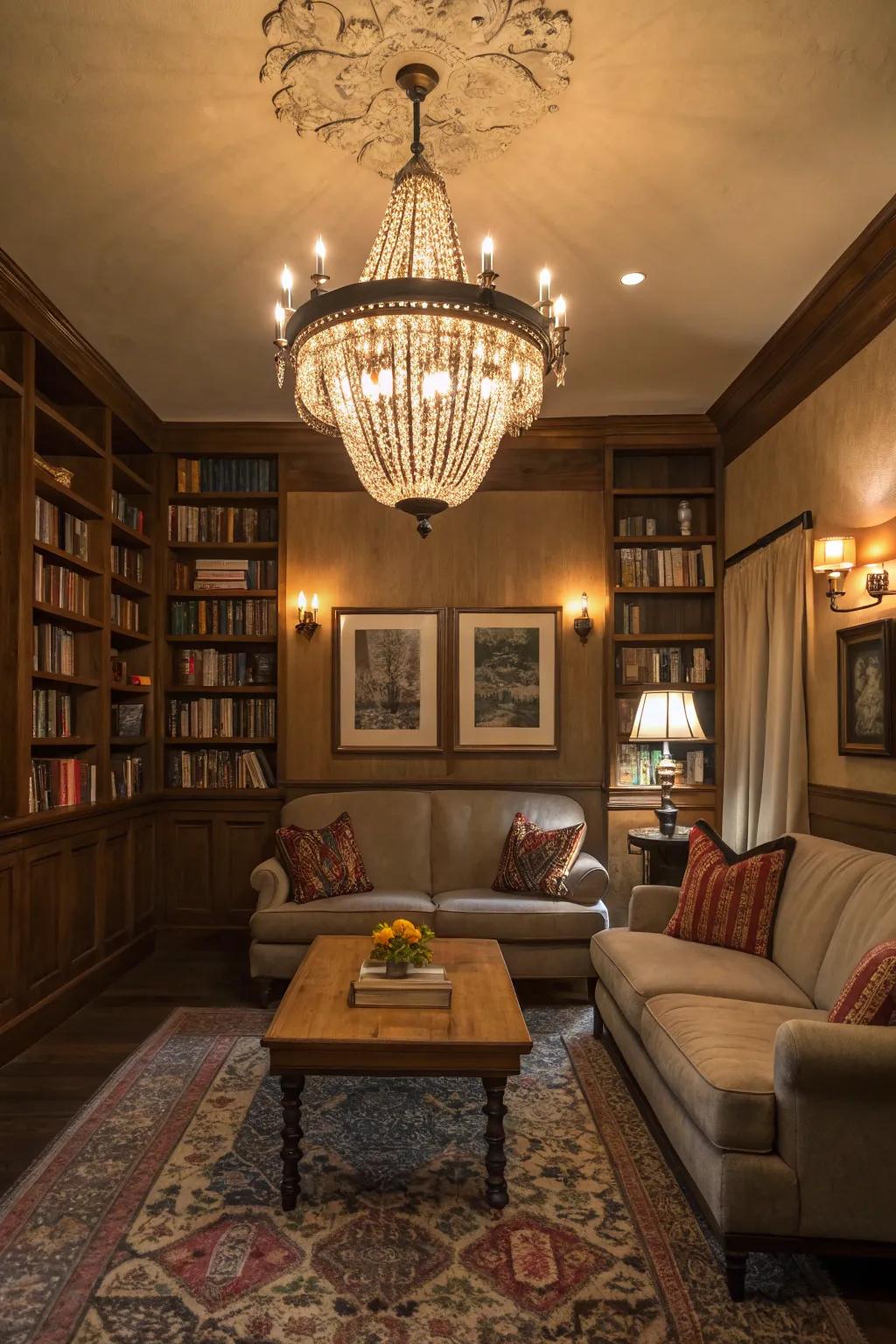 A statement luminaire contributes drama and focus.