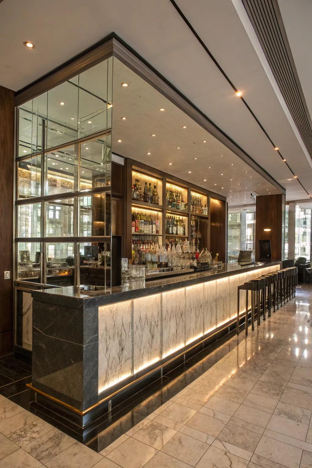 Mirrored surfaces contribute depth to a dry bar.