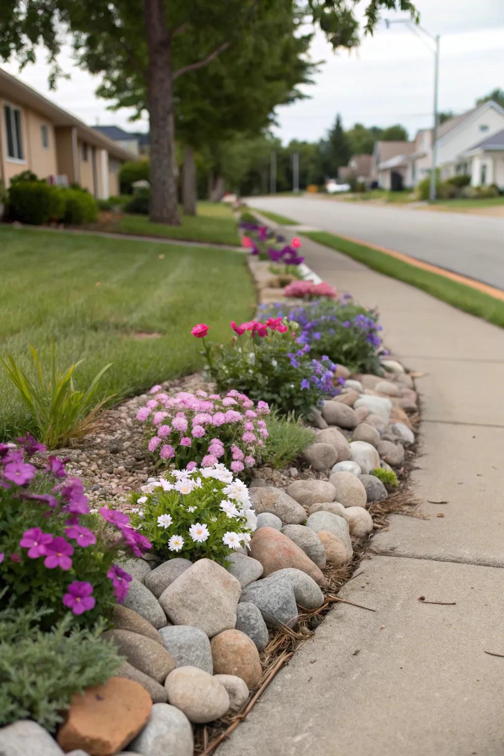 An attractive compact flower garden creatively integrated into a walkway.