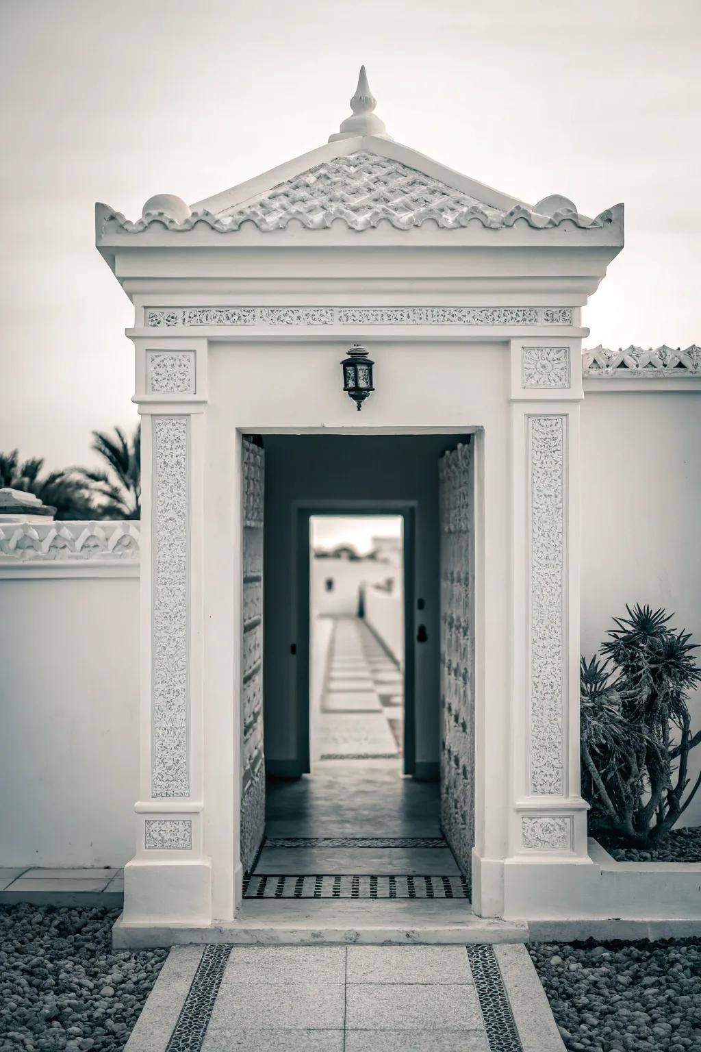 A monochrome design adds sophistication to the entrance.