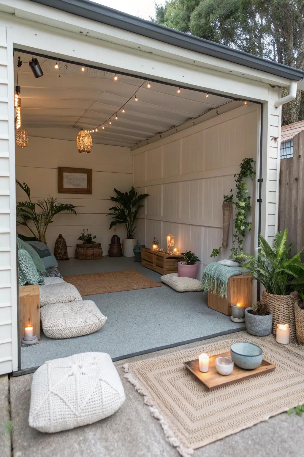 A small garage offers a peaceful meditation retreat.