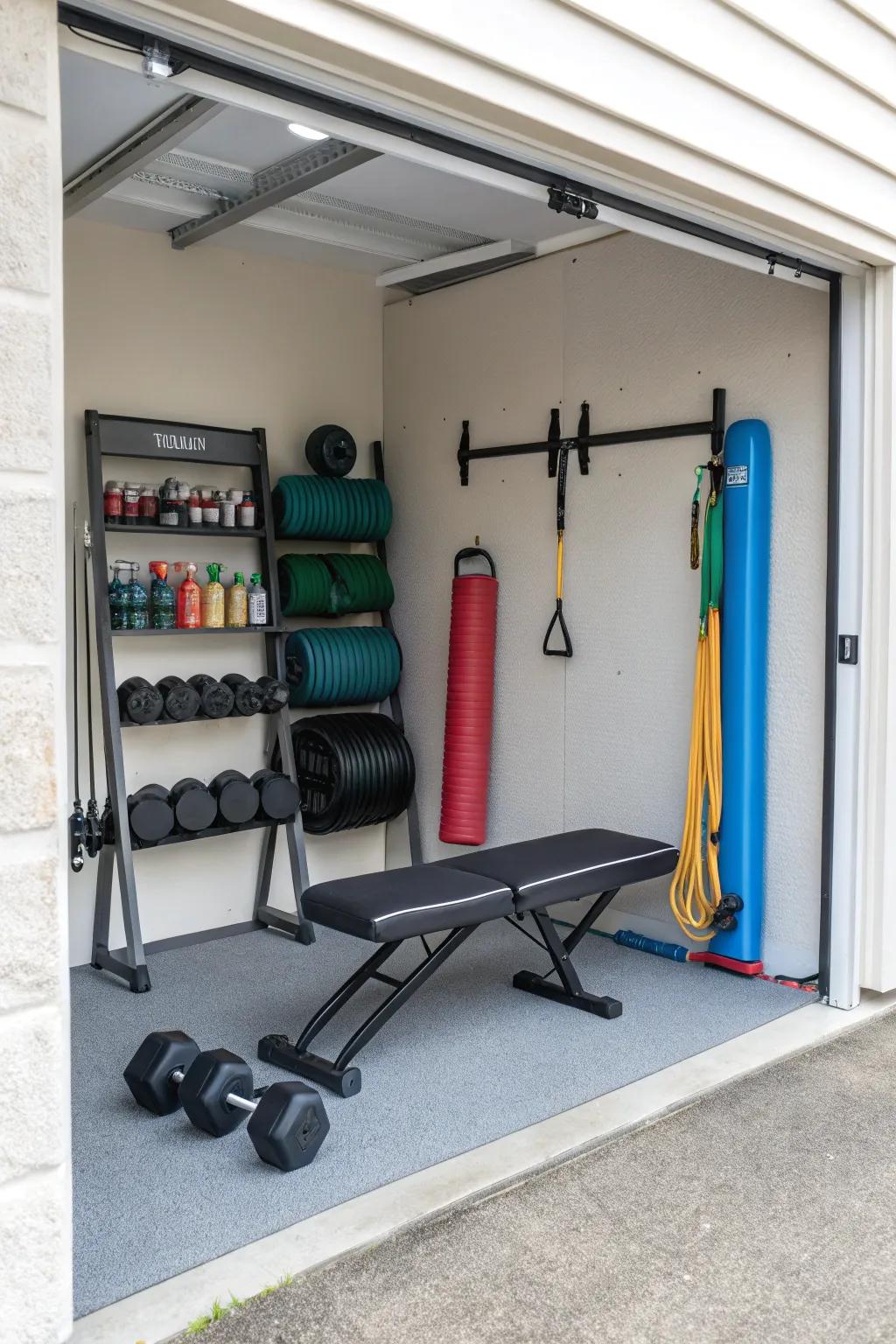 A collapsible workout area adds versatility to your garage's function.