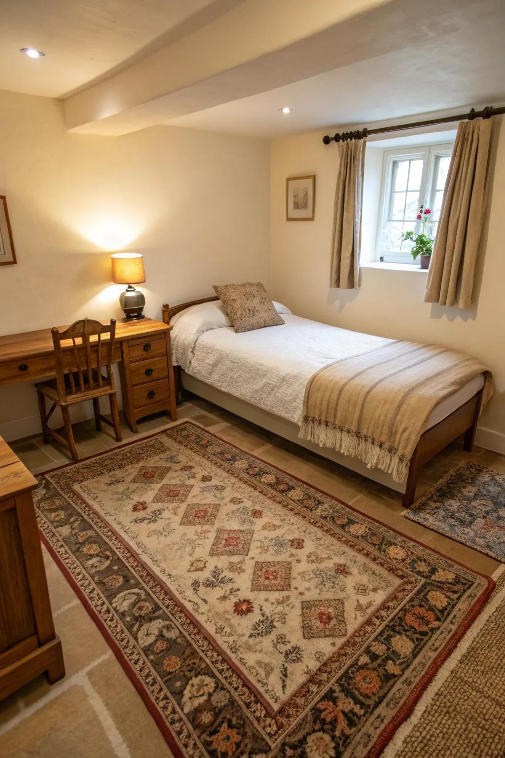 Oversized rugs provide a feeling of spaciousness.