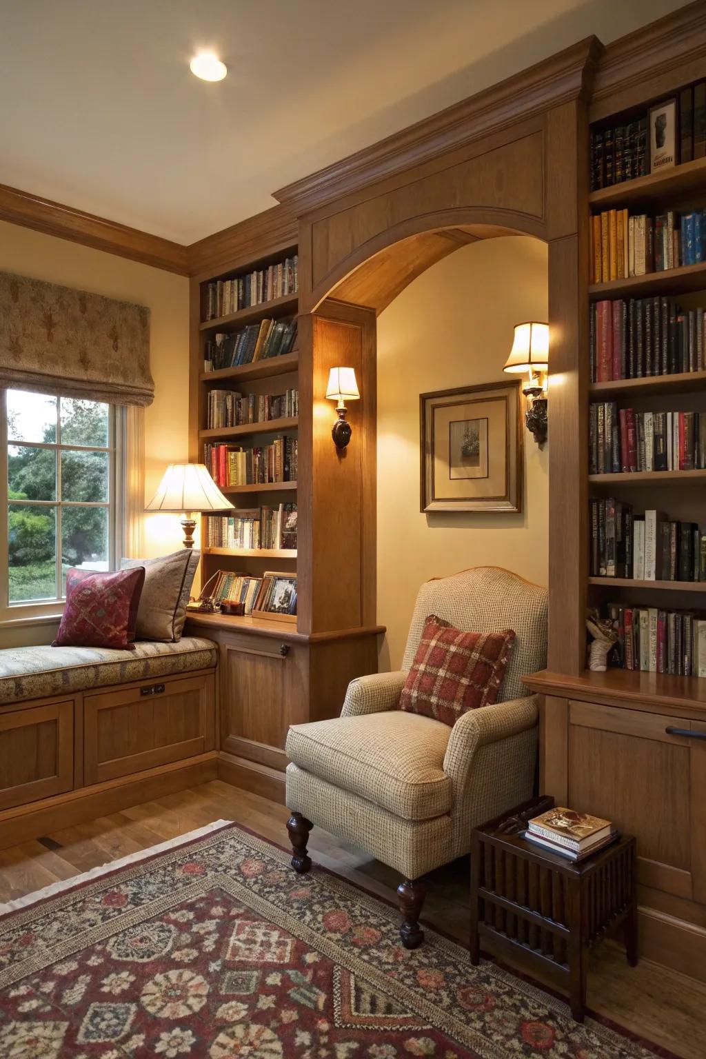A reading alcove delivers a snug and secluded reading environment.