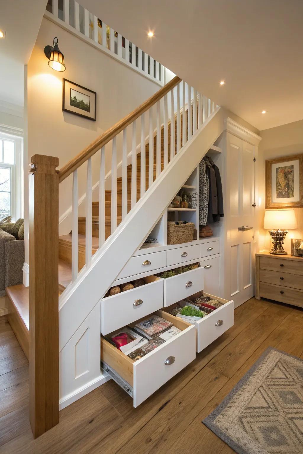 Under-stair storage uses every bit of space.