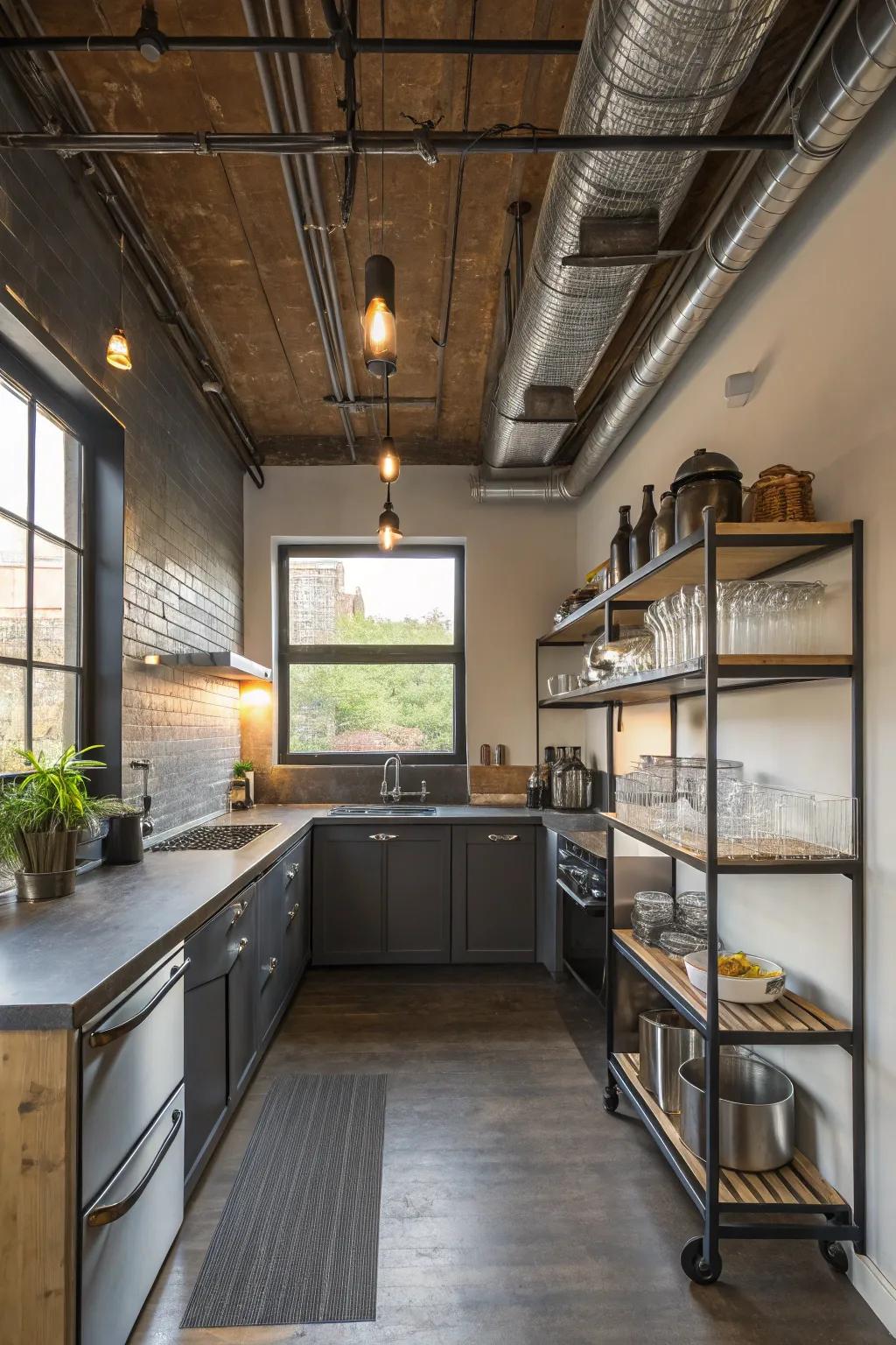 Factory-style elements add an urban, edgy feel to modern small kitchens.