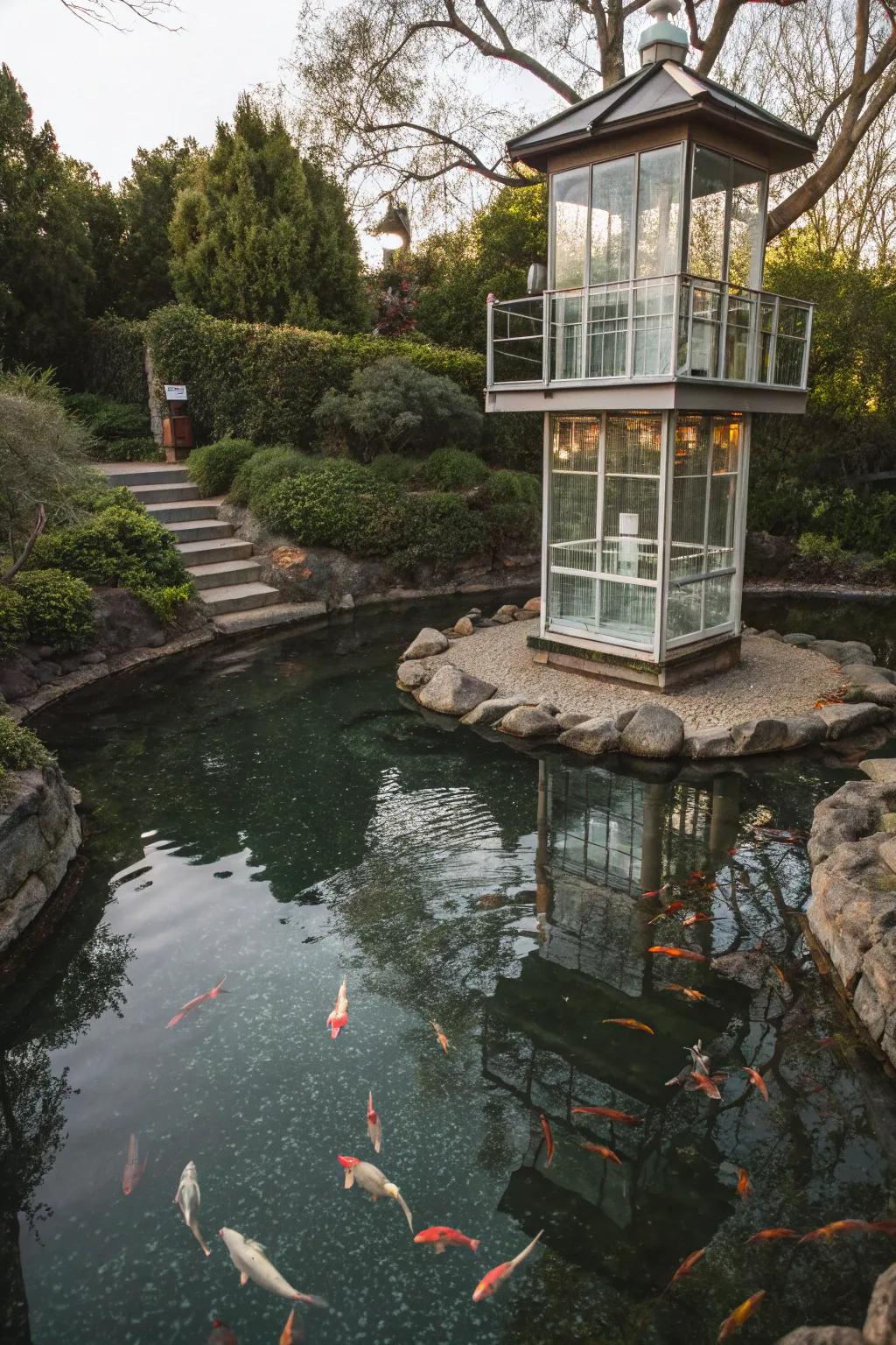 A magical observation peak offers an immersive koi-viewing experience.