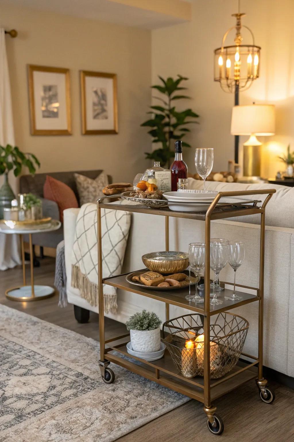 A bar cart is versatile and can act as a dining table.