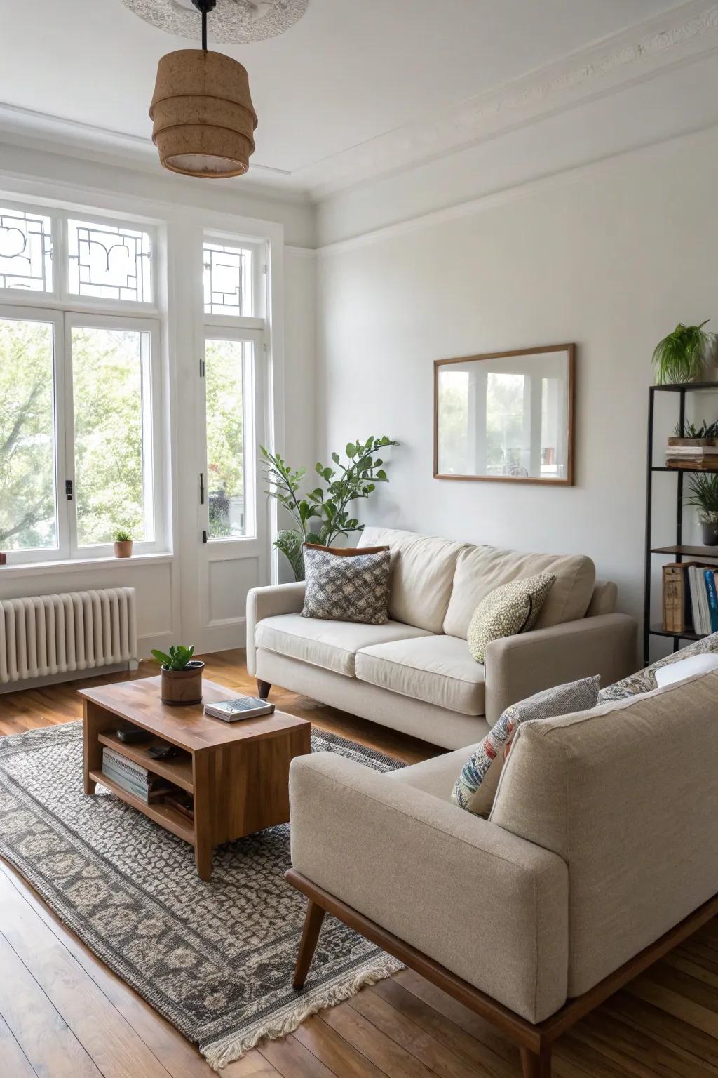 Low-profile furnishings elevate vertical space.
