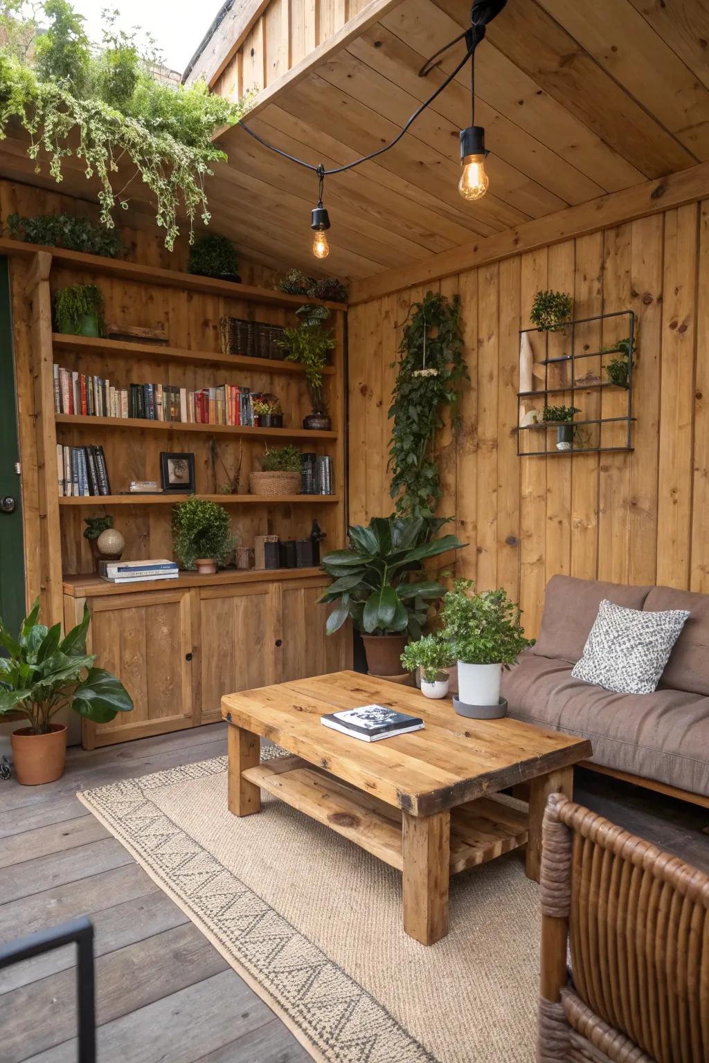 Natural touches like plants and wood add warmth and freshness to the space.