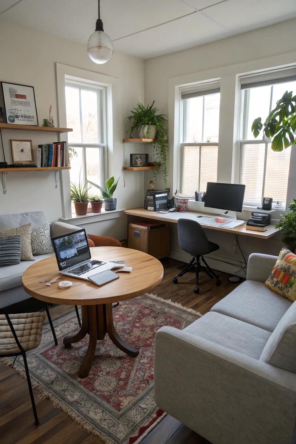 Designated areas enhance functionality in a small office.