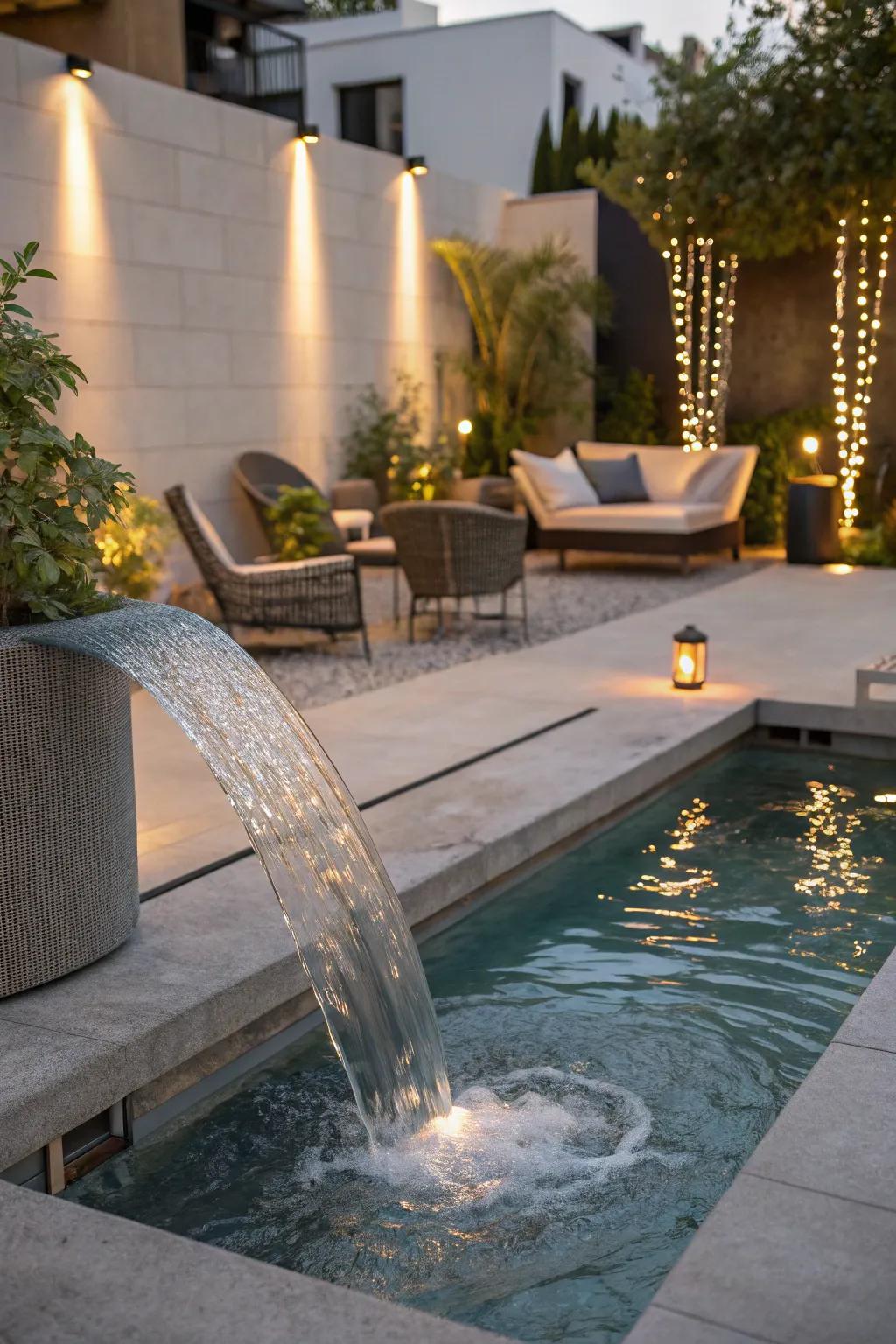 Water features adding elegance to a modern pool.