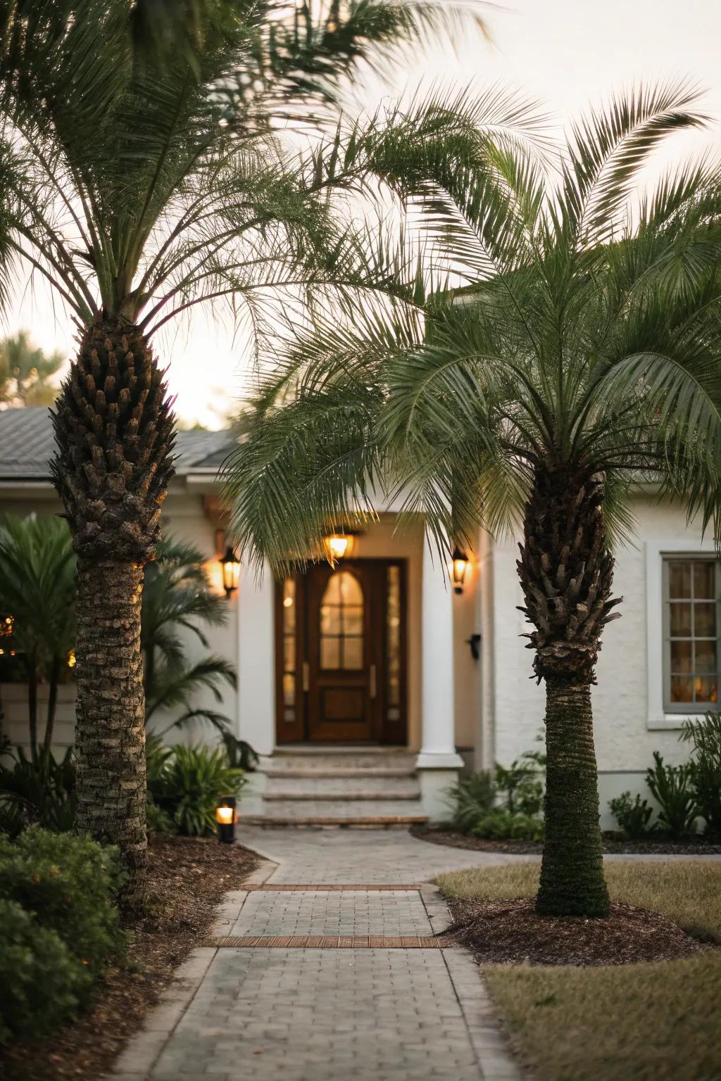 Frame your home&rsquo;s entrance with palms for an inviting view.